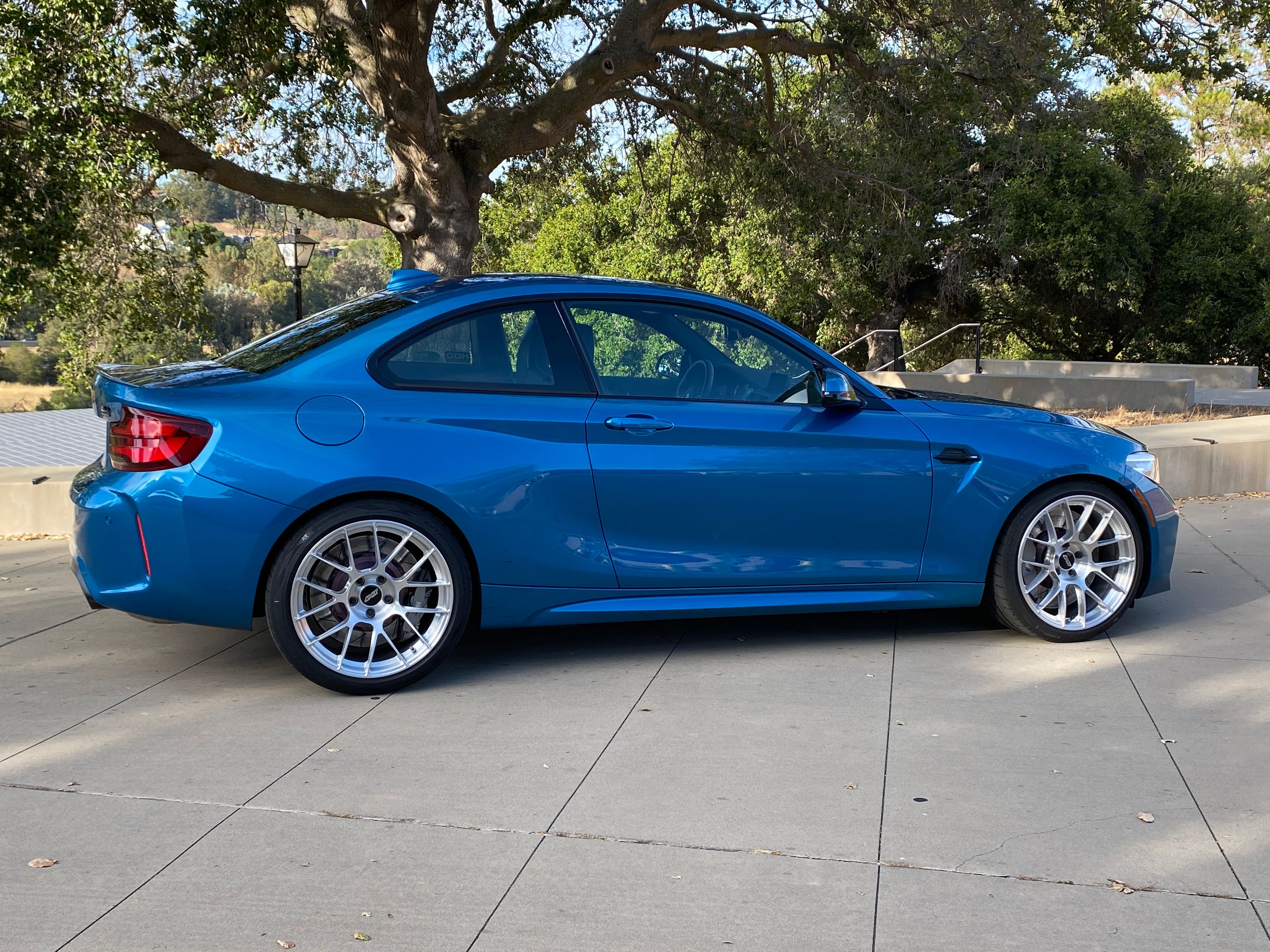 Blue BMW F87 M2 with 19" EC-7RS Apex wheels in Brushed Clear