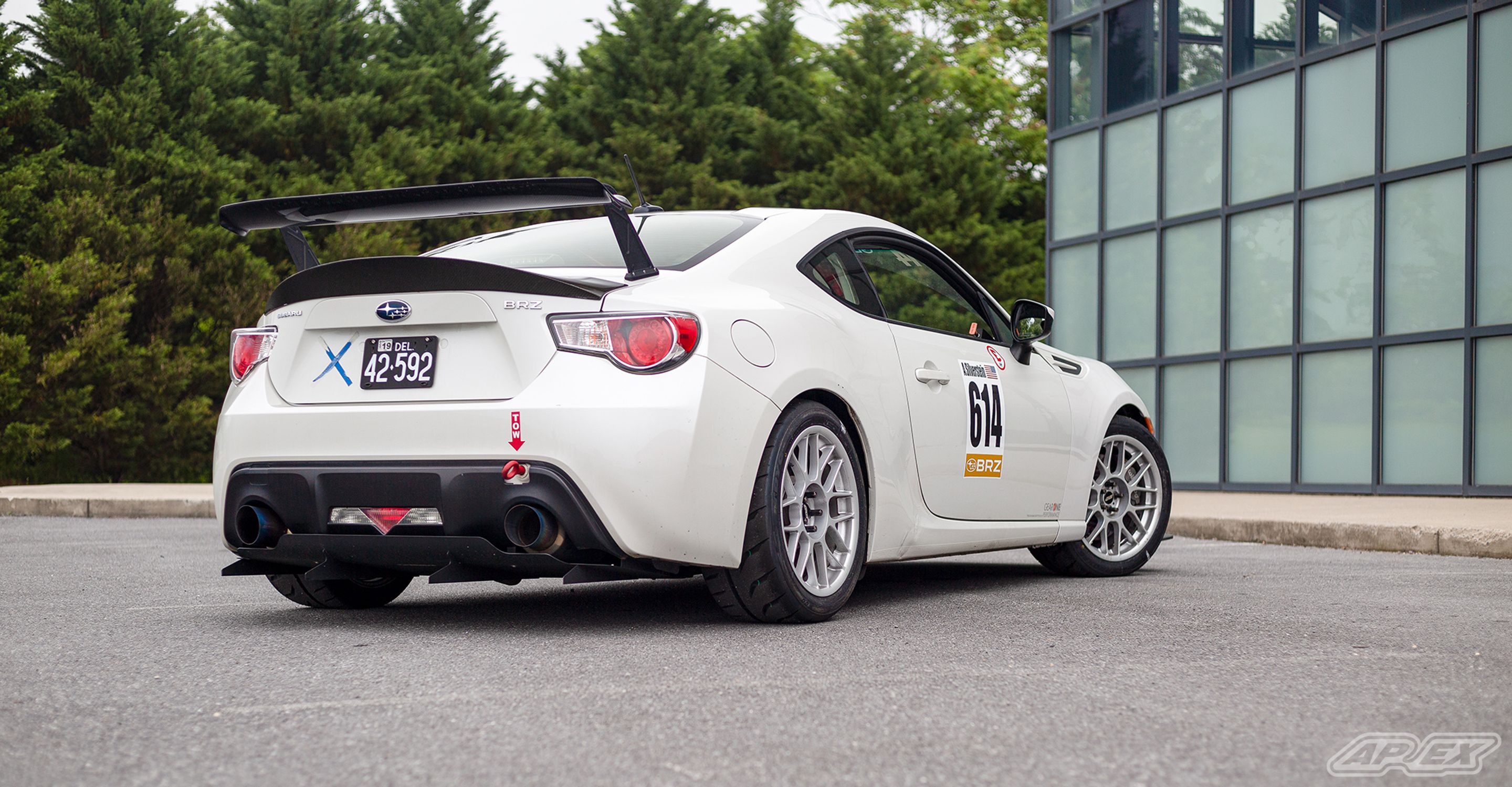 White Subaru ZC6 / Gen 1 BRZ with 17" ARC-8 Apex wheels in Race Silver