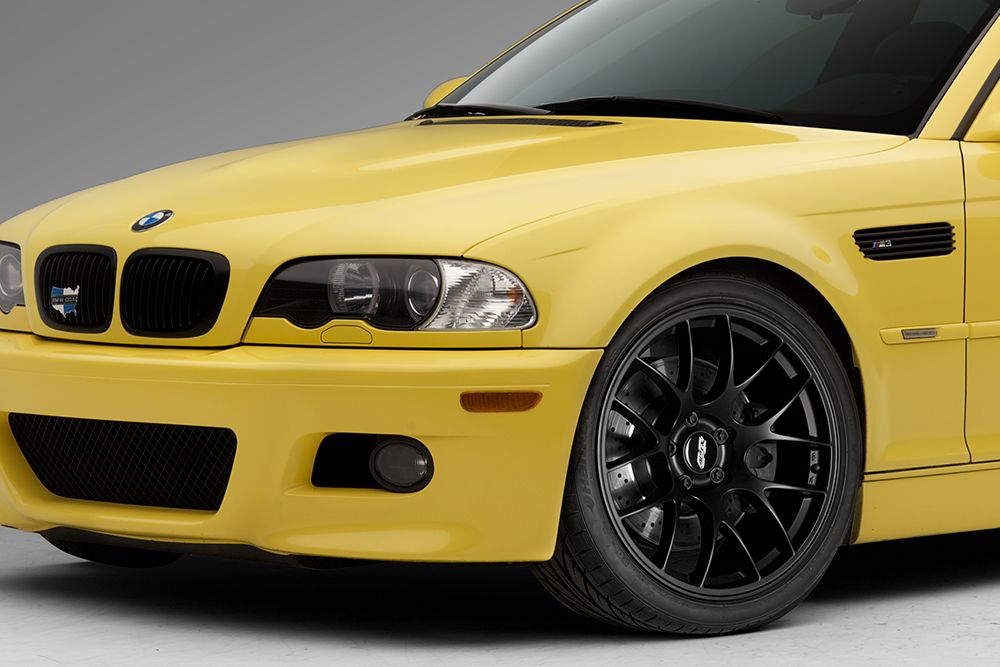Yellow BMW E46 M3 with 19" EC-7 Apex wheels in Satin Black