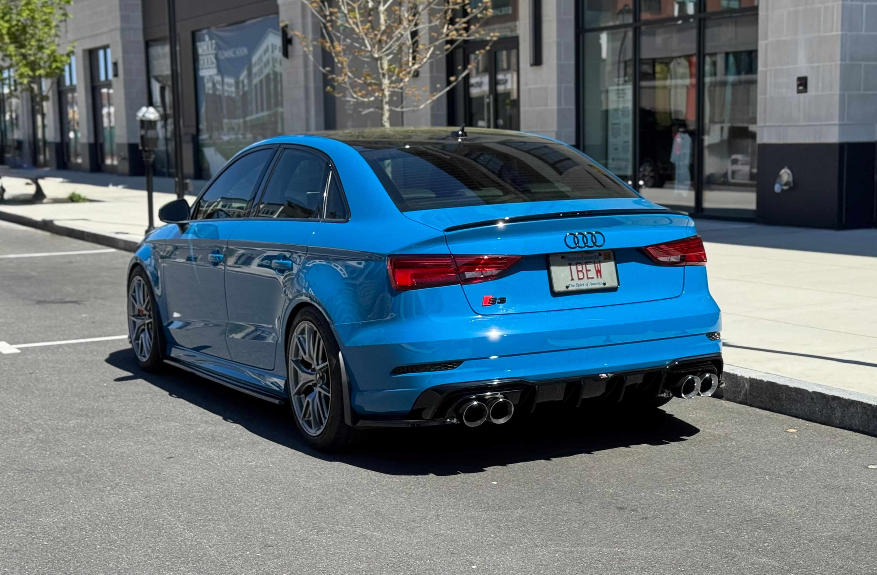 Blue Audi 8V S3 with 18" VS-5 Apex wheels in Hyper Black
