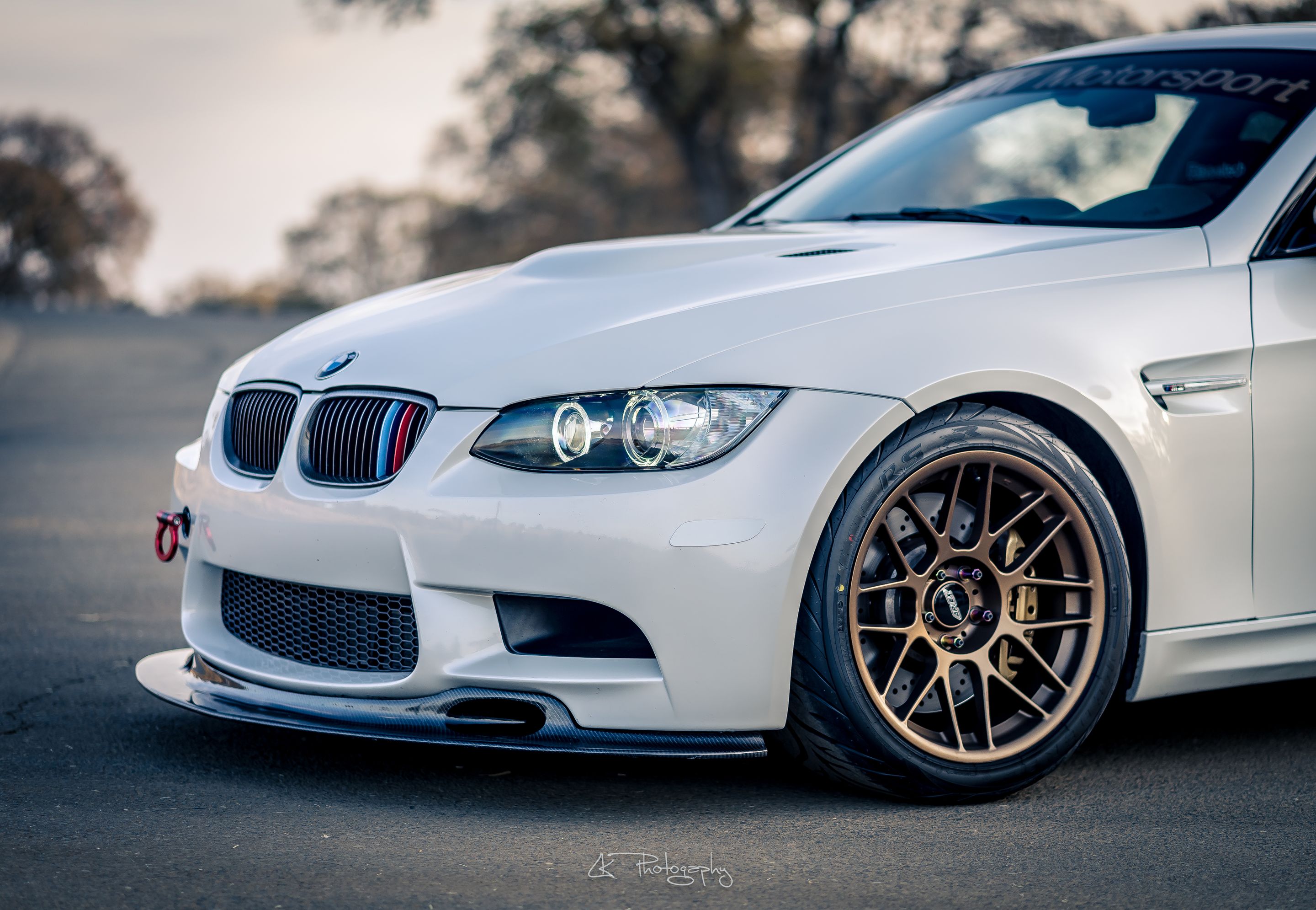 White BMW E92 Coupe M3 with 18" ARC-8 Apex wheels in Satin Bronze