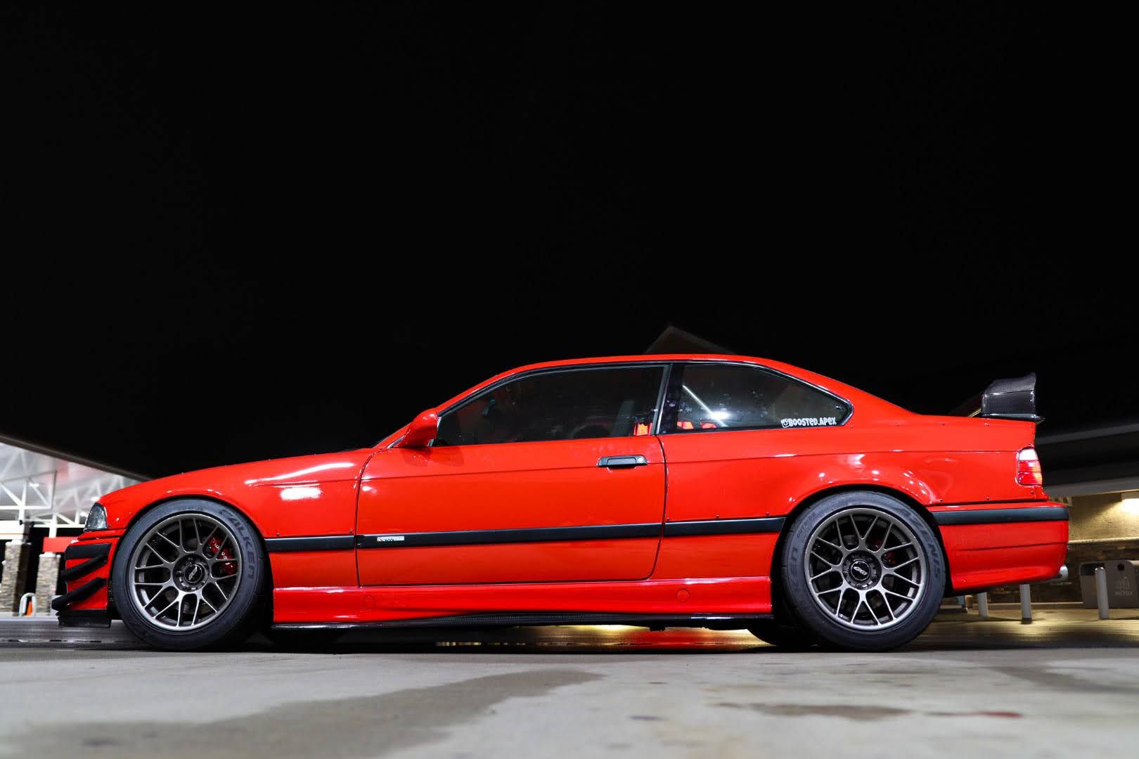 Red BMW E36 M3 with 17" ARC-8 Apex wheels in Anthracite