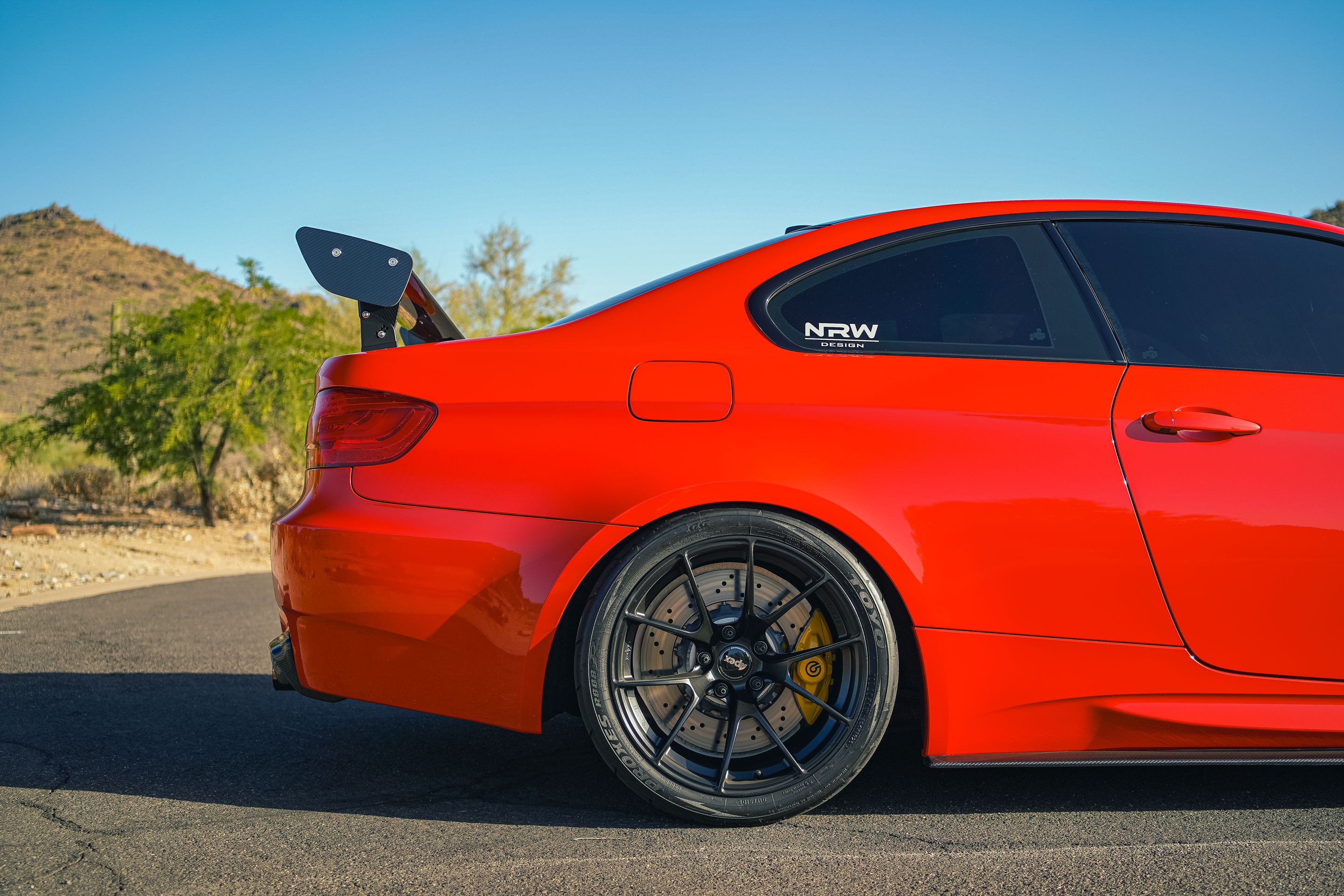 Red BMW E92 Coupe M3 with 18" VS-5RS Apex wheels in Satin Black