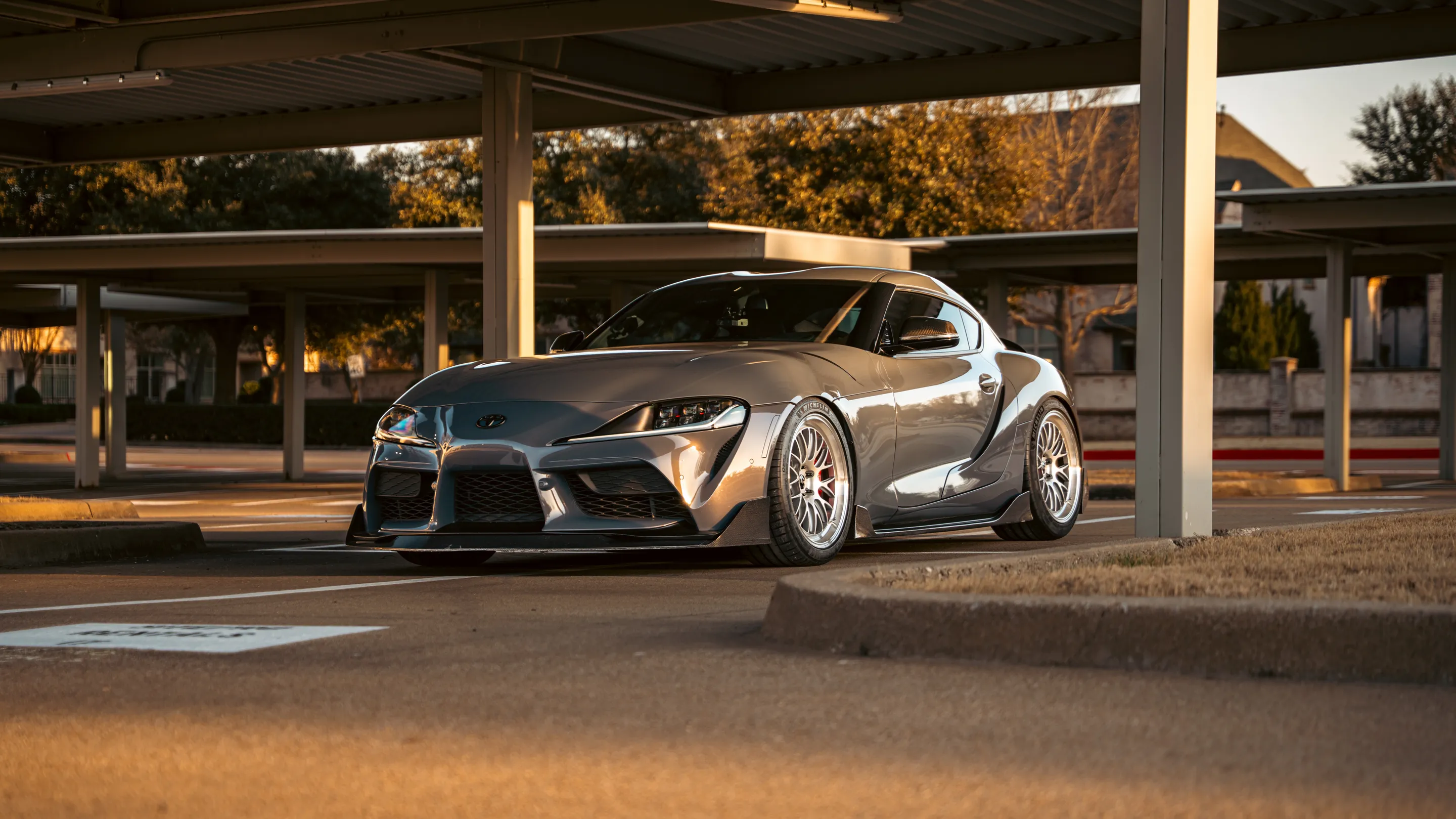 Grey Toyota GR Supra with 19" ML-10RT Apex wheels in Machined Lip Race Silver