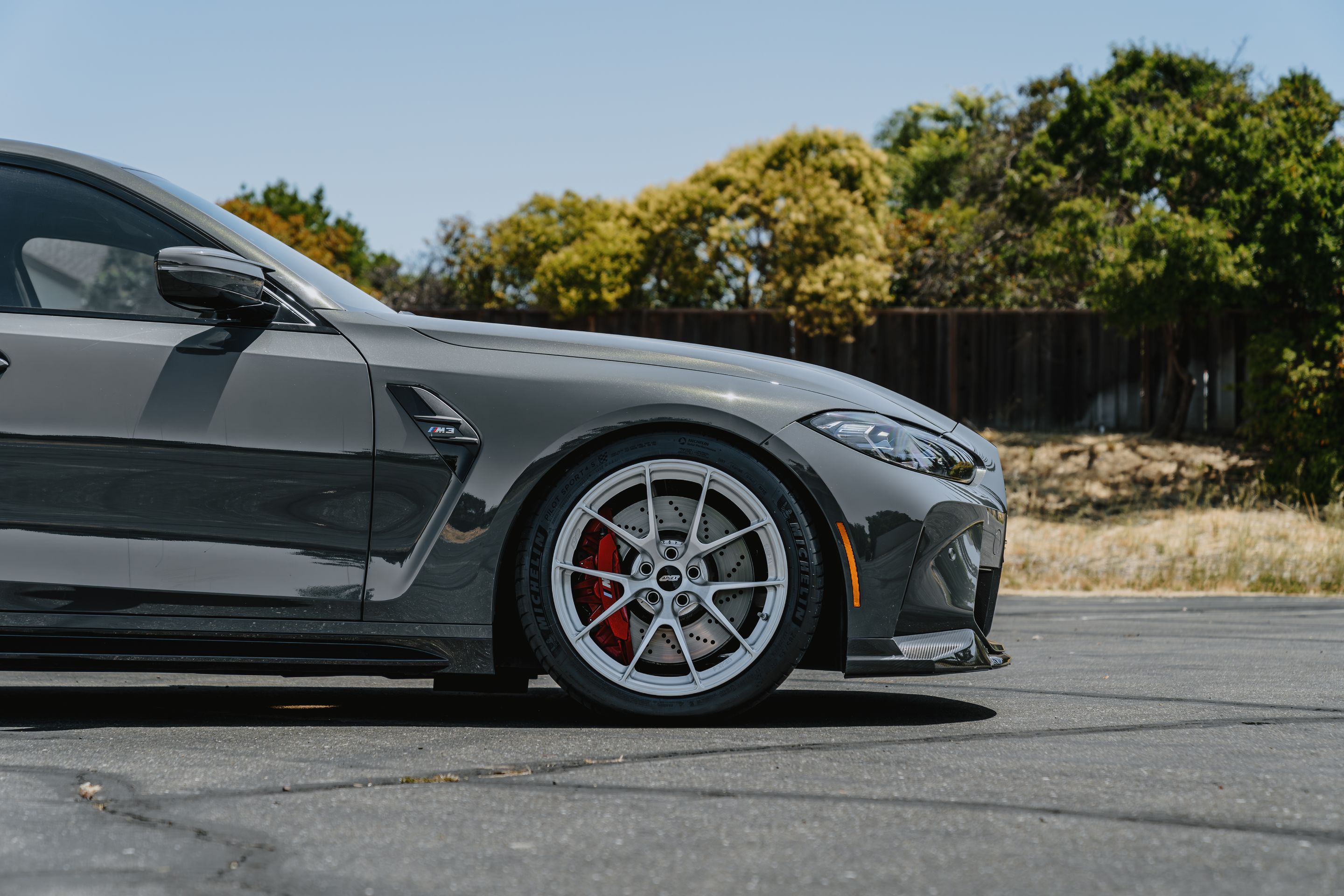 Grey BMW G80 M3 with 19" VS-5RS Apex wheels in Brushed Clear