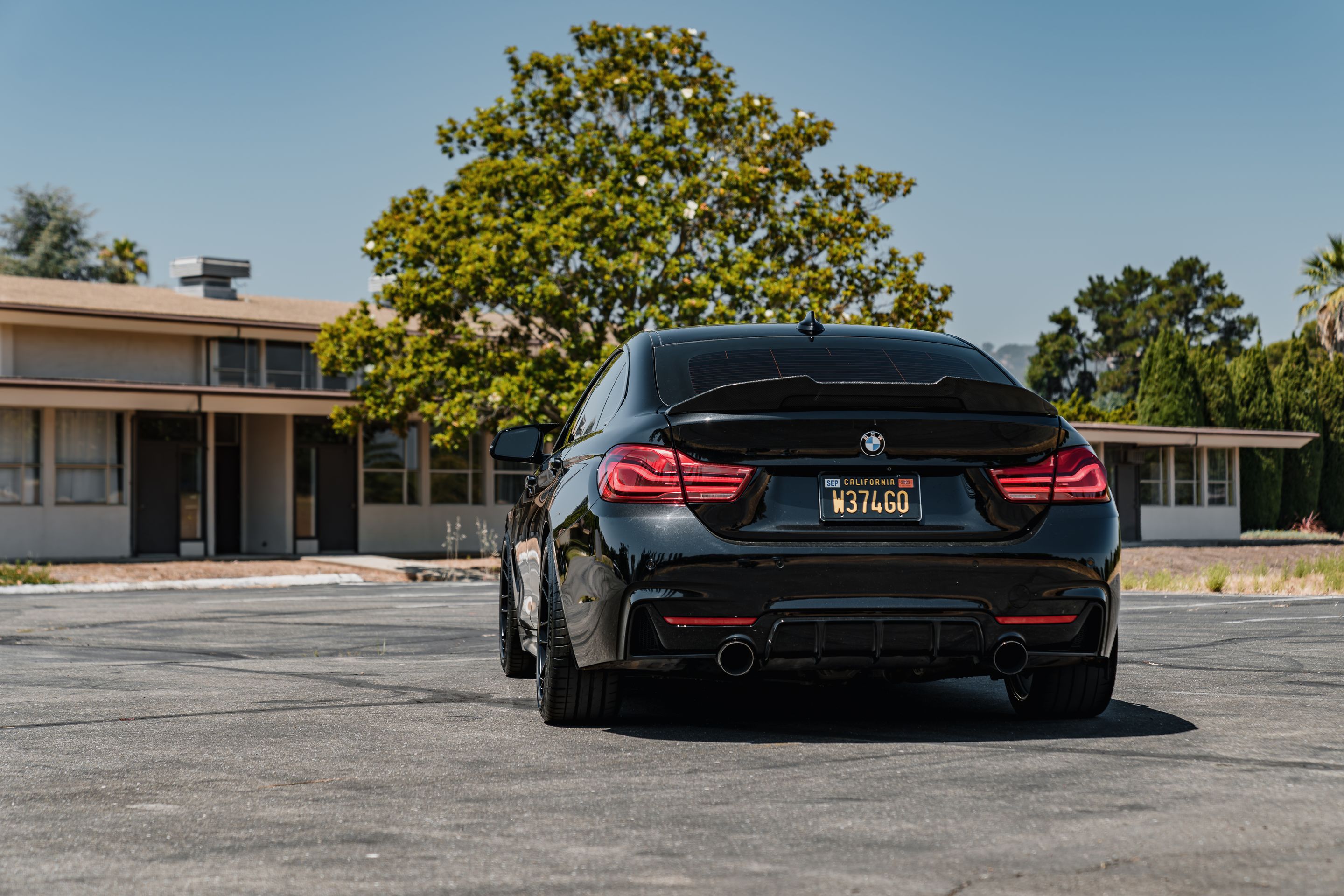 Black BMW F36 Gran Coupe 4 Series with 19" ARC-8RT Apex wheels in Satin Black