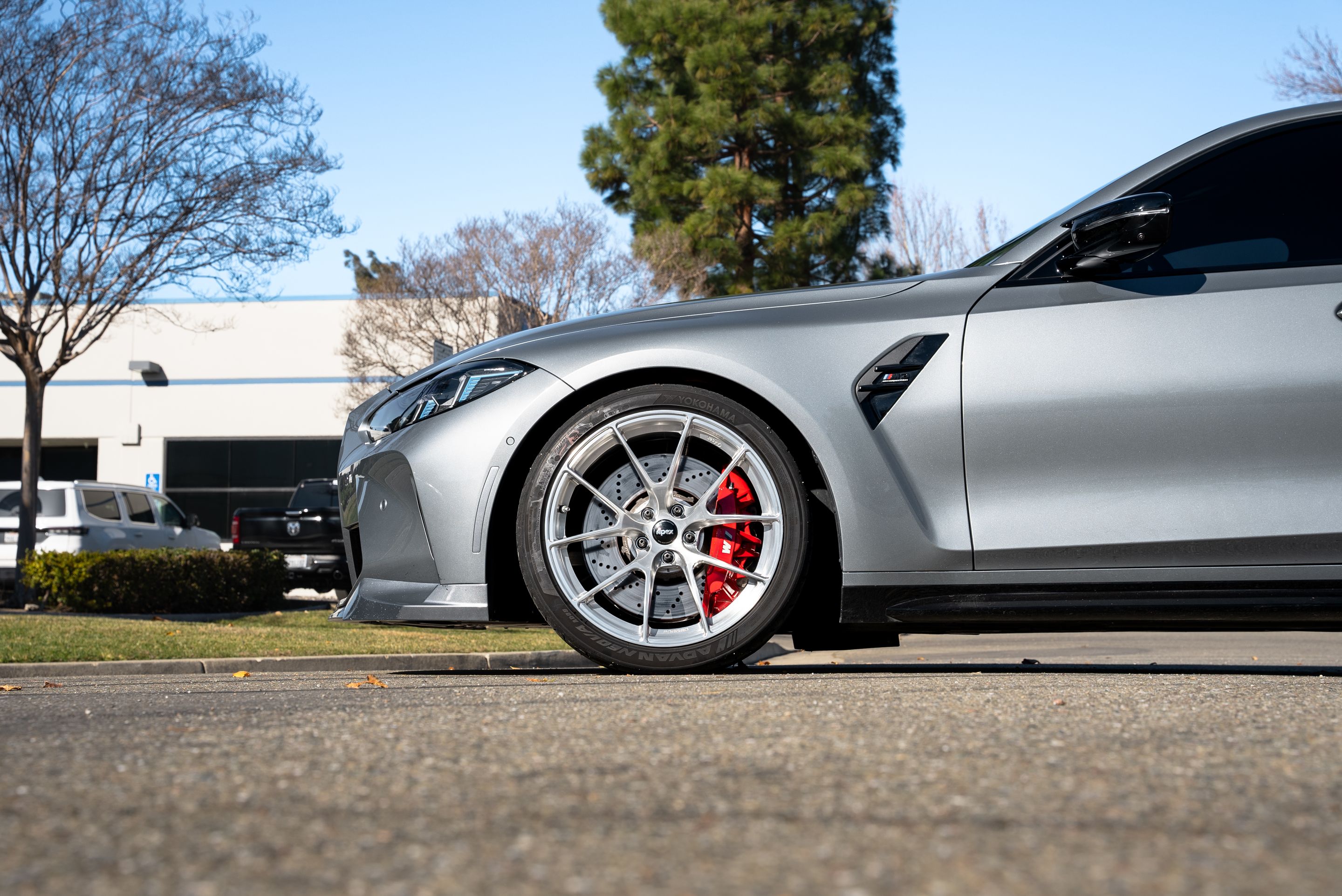 Silver BMW G80 M3 with 19" VS-5RS Apex wheels in Brushed Clear