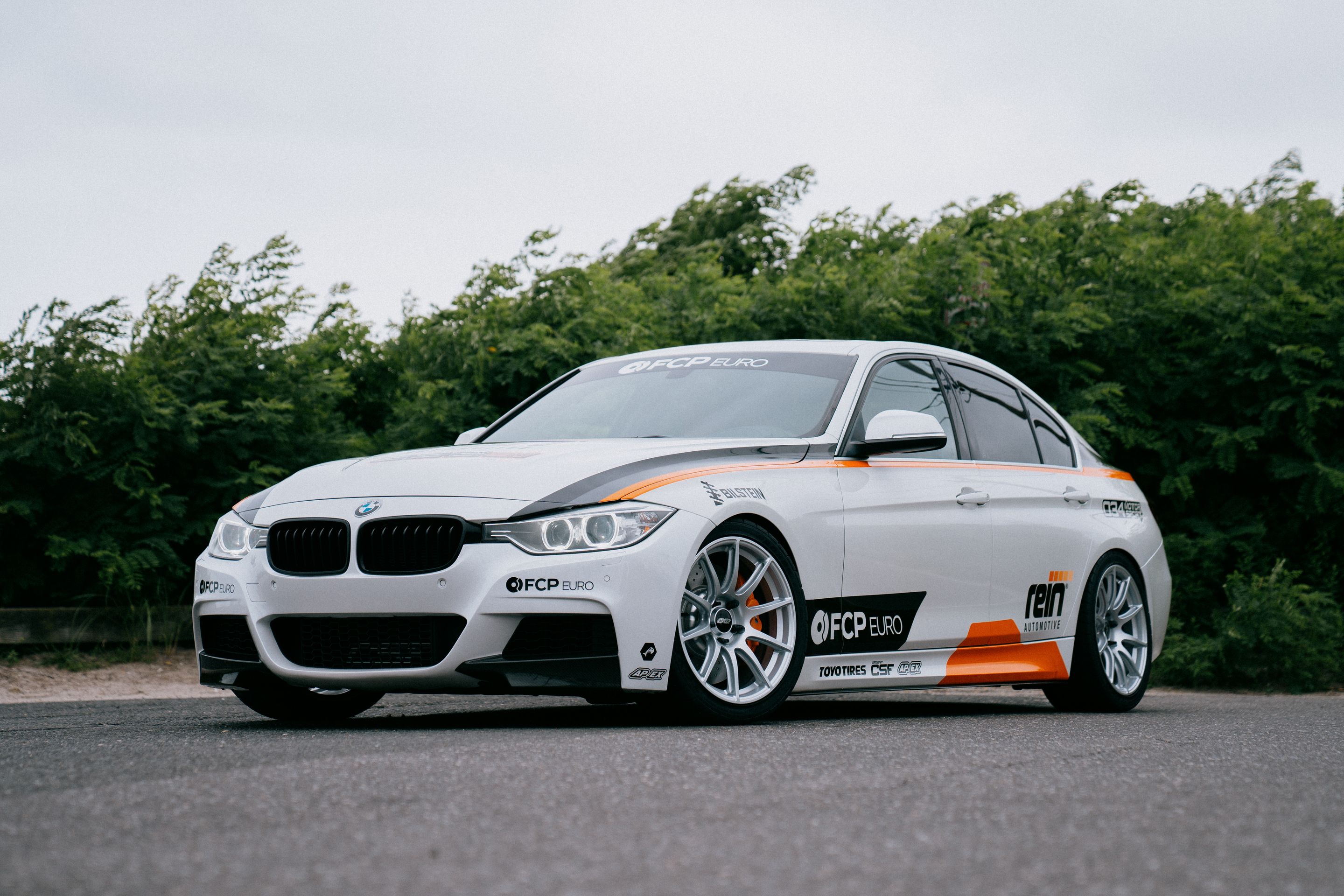 White BMW F30 Sedan 3 Series with 18" SM-10 Apex wheels in Race Silver