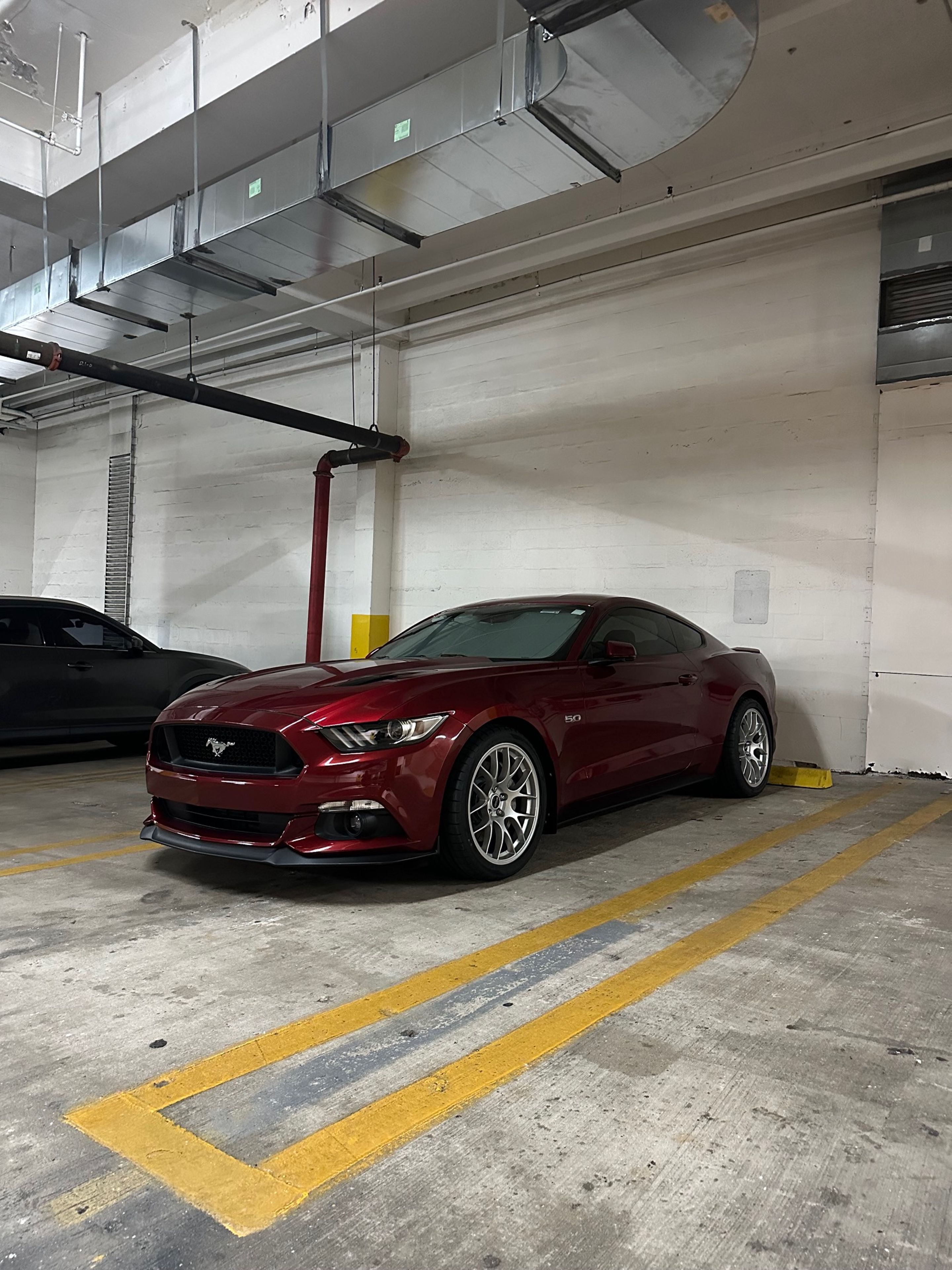 Red Ford S550 Mustang GT with 19" EC-7 Apex wheels in Race Silver