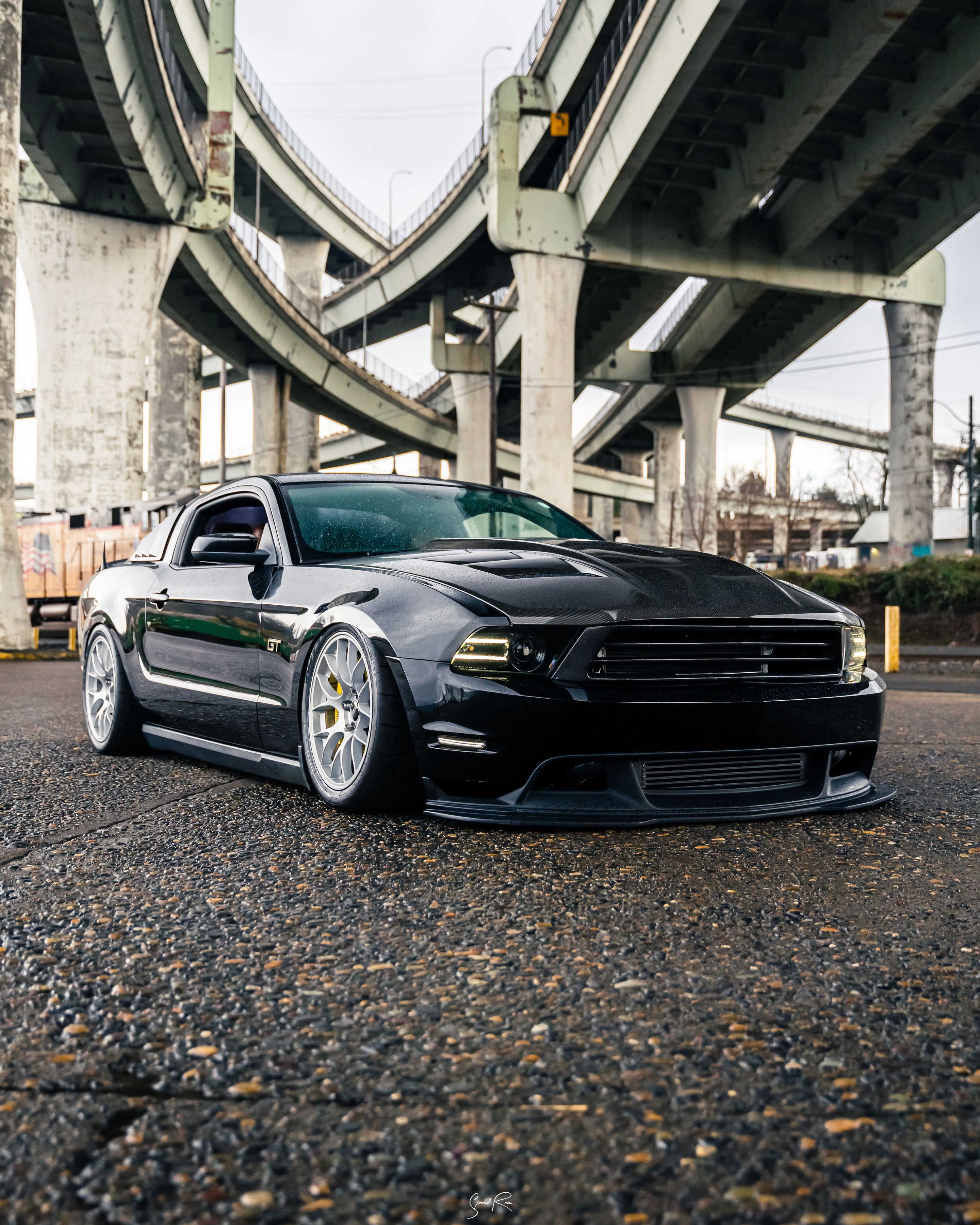 Black Ford S197 Mustang GT with 18" EC-7 Apex wheels in Race Silver