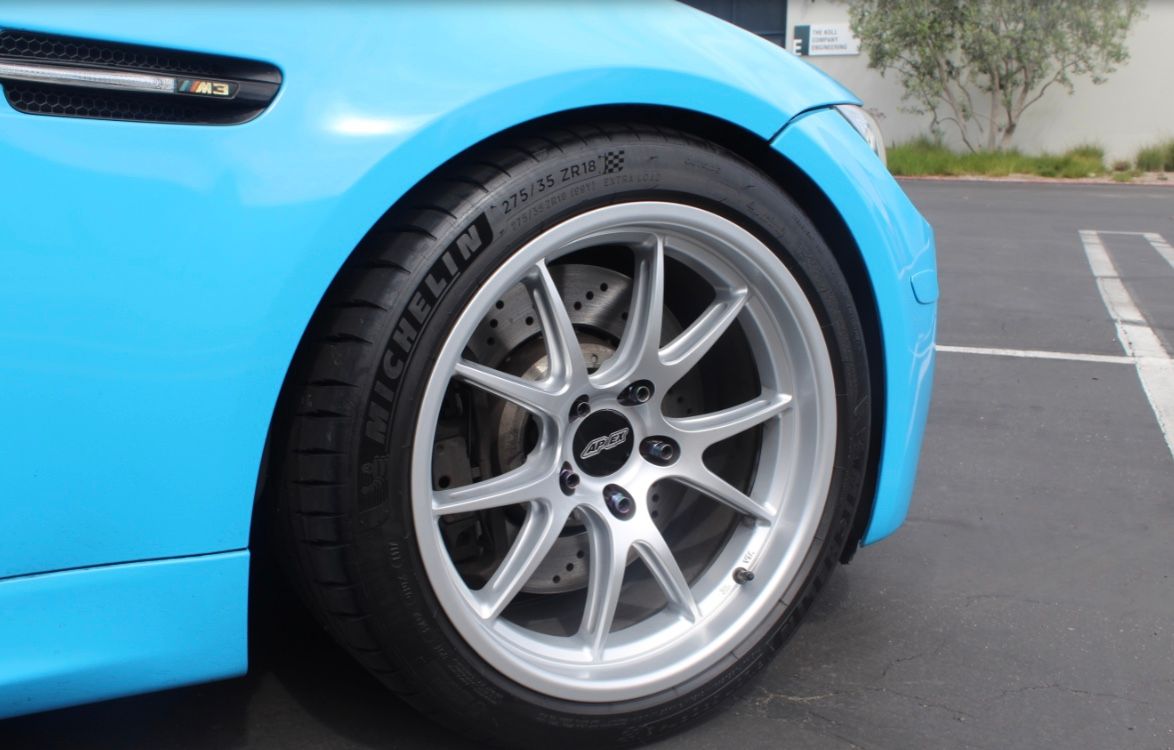 Blue BMW E90 Sedan M3 with 18" FL-5 Apex wheels in Race Silver