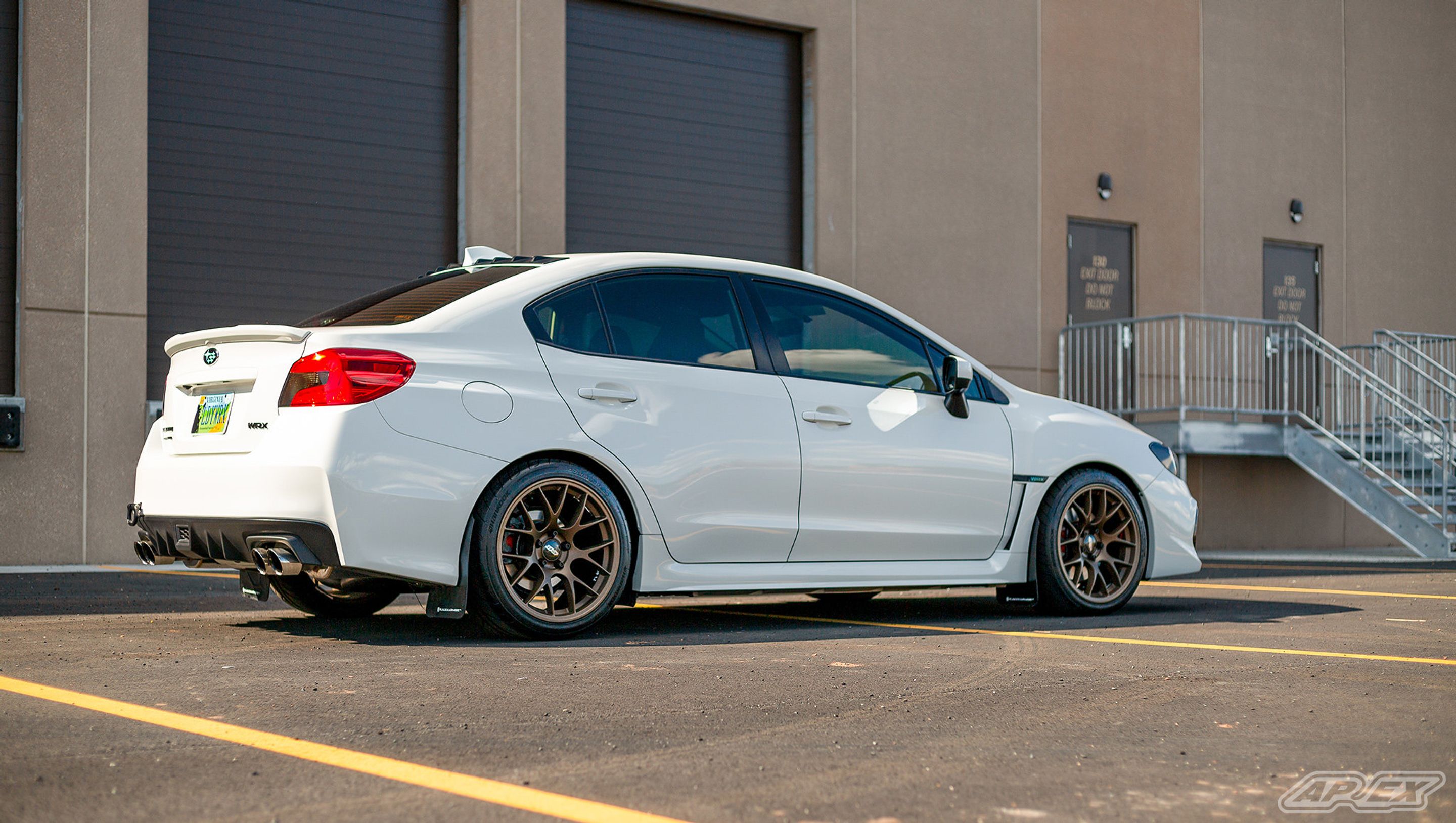 White Subaru VA WRX with 18" EC-7 Apex wheels in Satin Bronze
