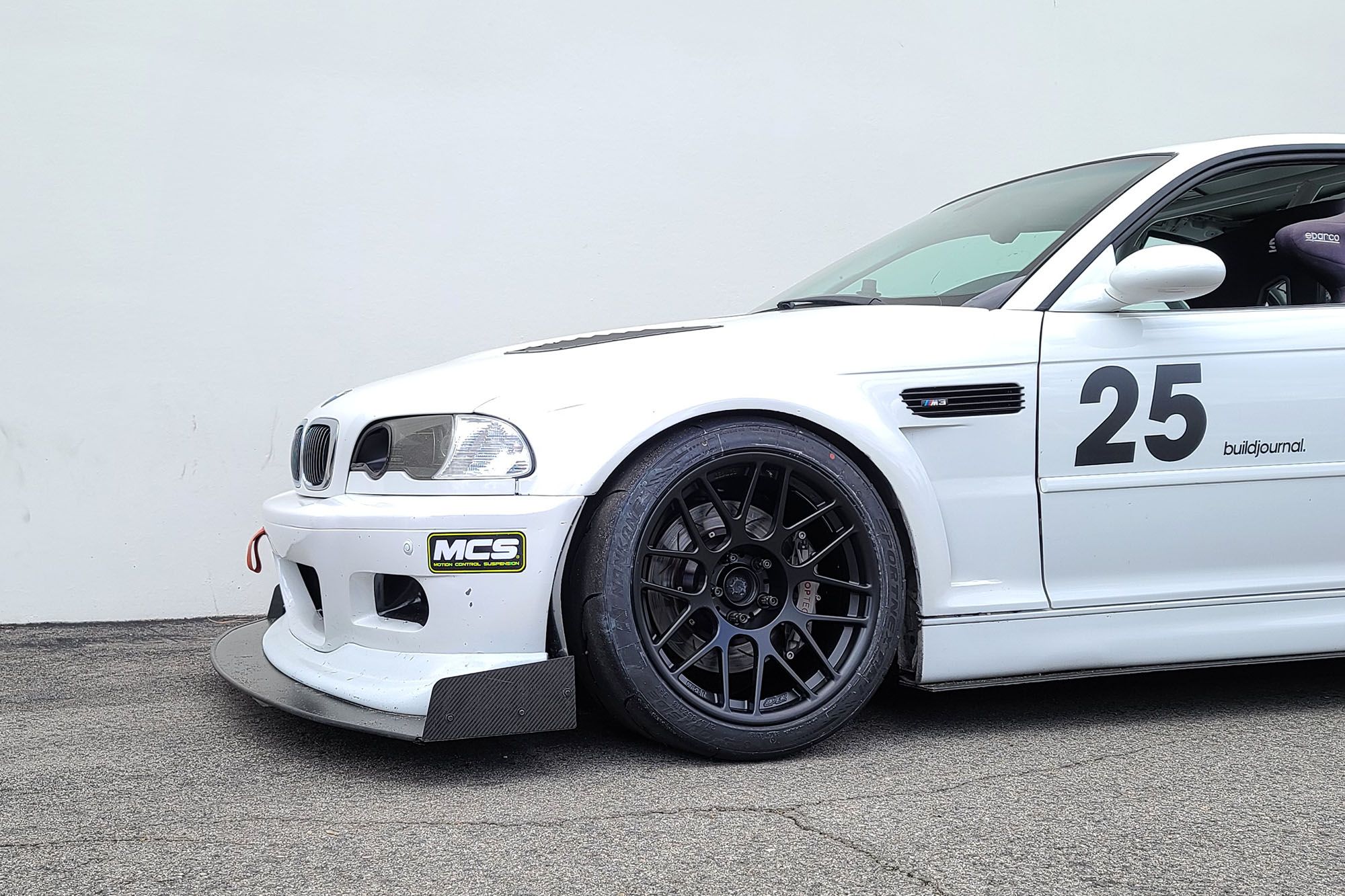 White BMW E46 M3 with 18" ARC-8R Apex wheels in Satin Black