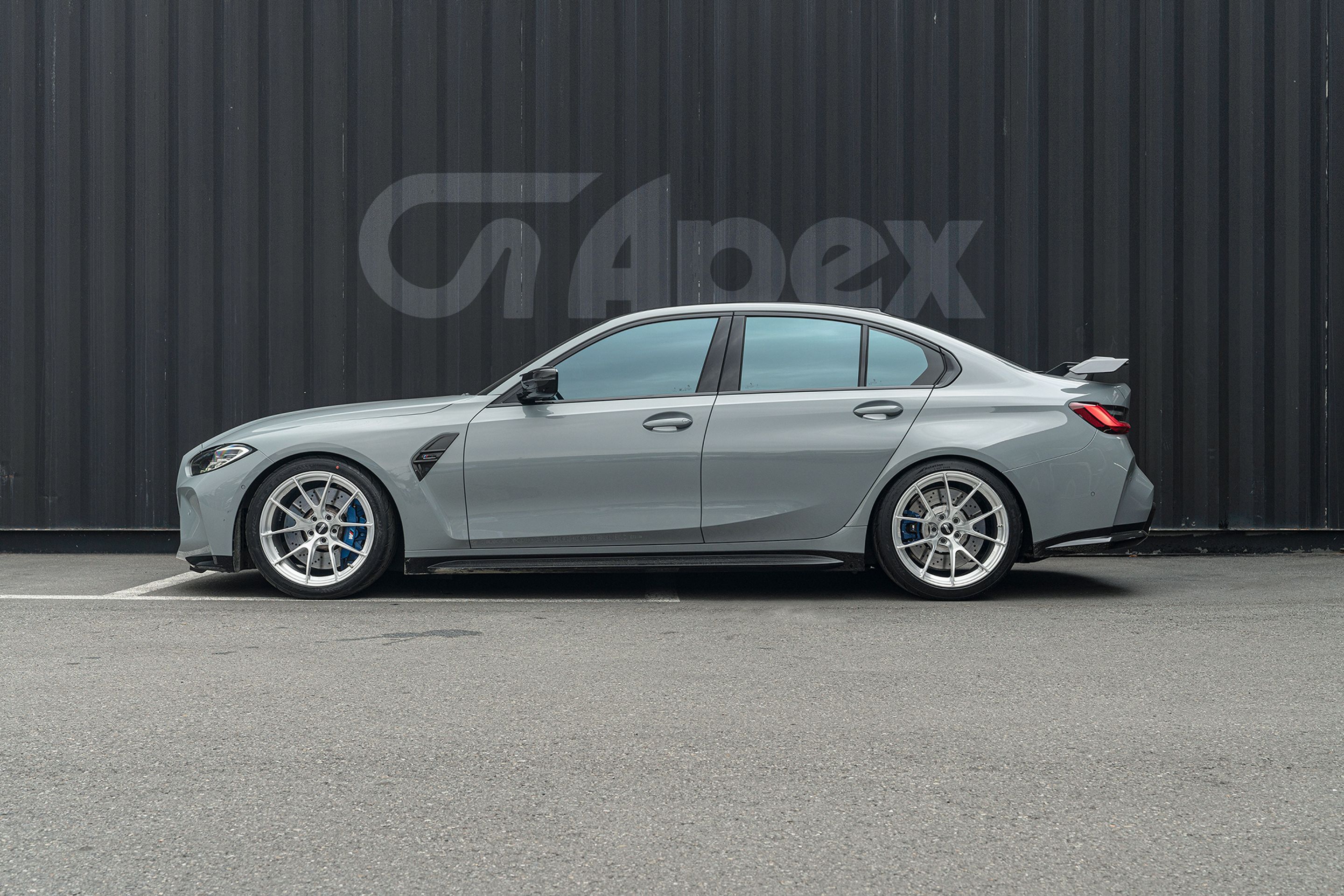 Grey BMW G80 M3 with 19" VS-5RS Apex wheels in Brushed Clear