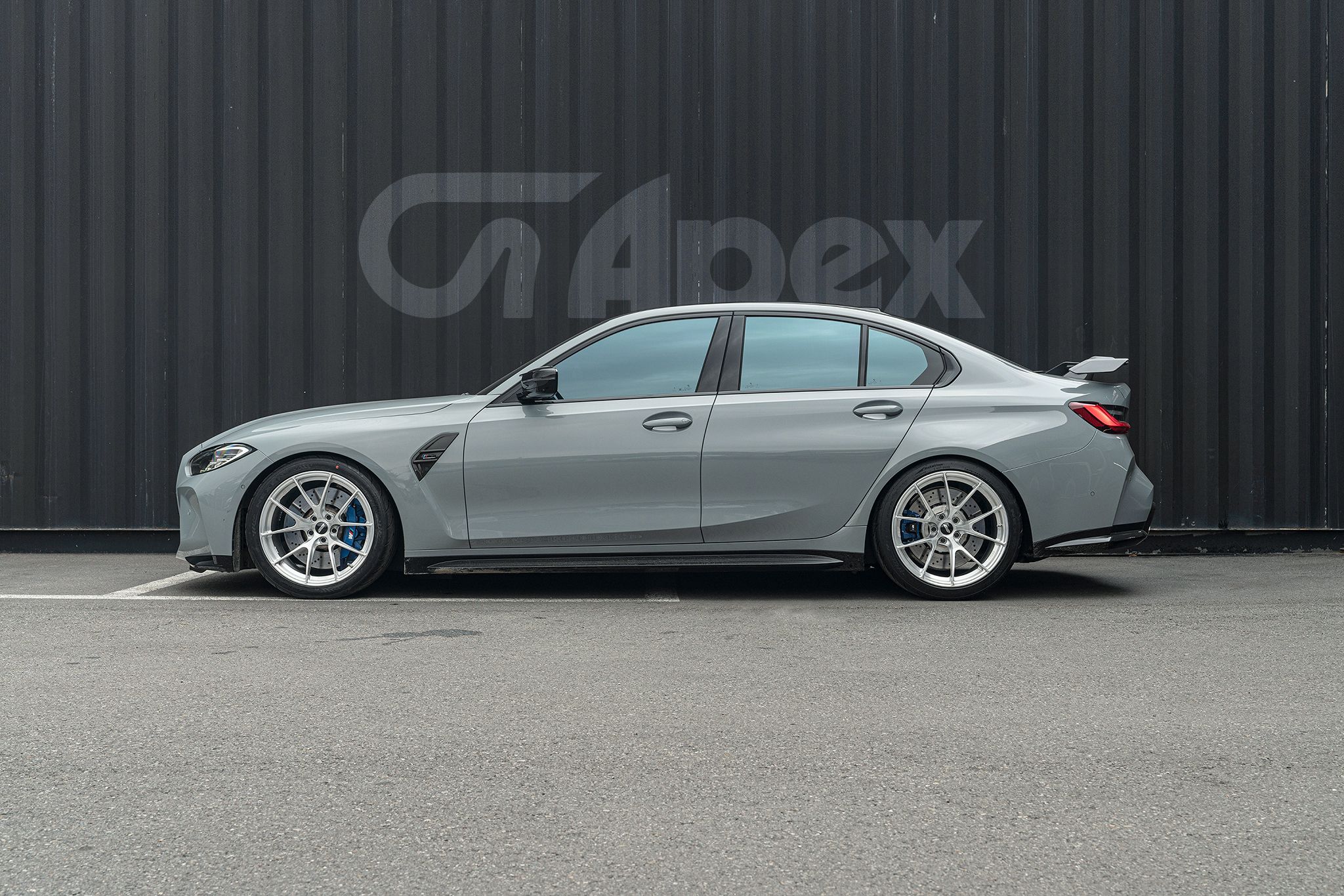 Grey BMW G80 M3 with 19" VS-5RS Apex wheels in Brushed Clear