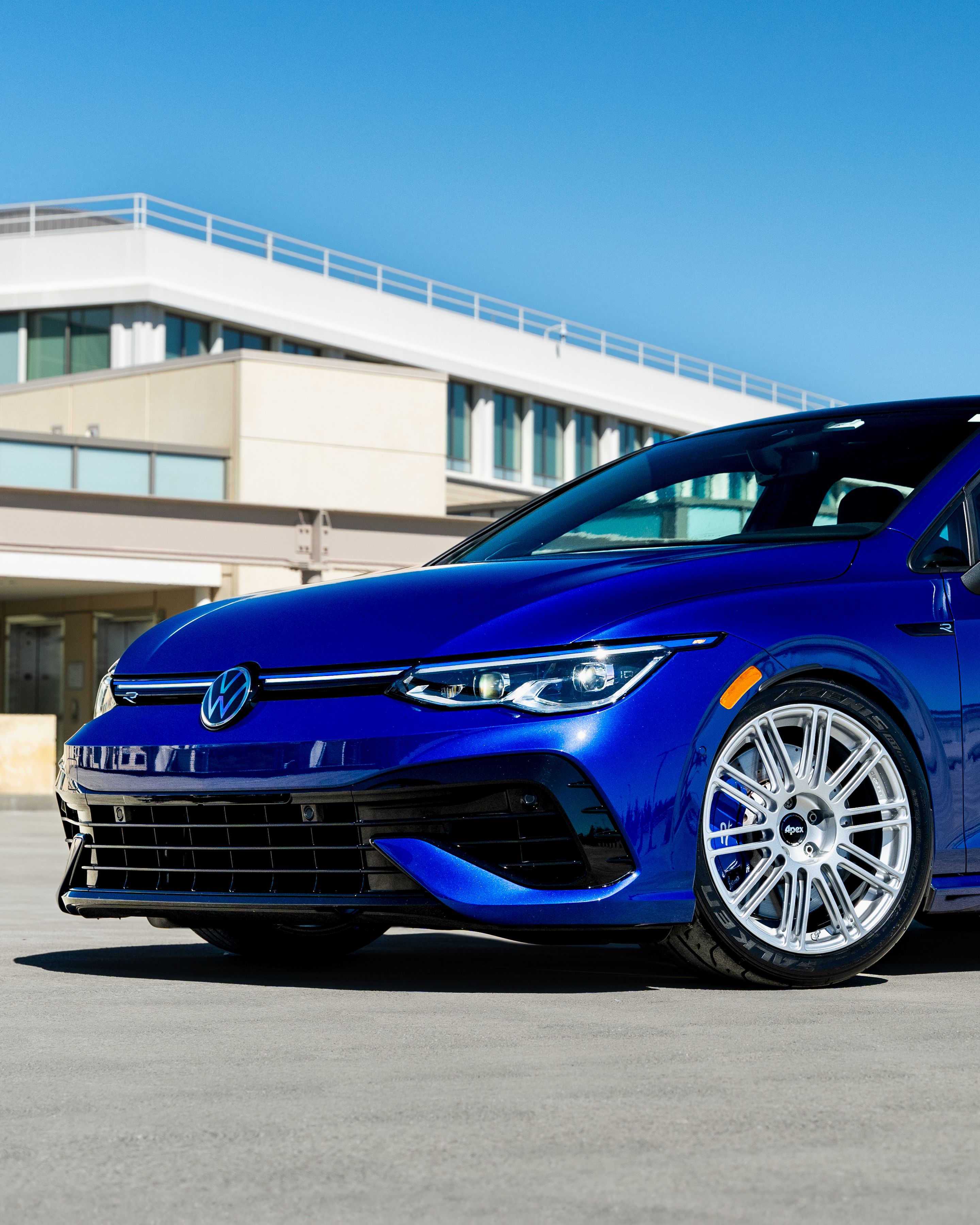 Blue VW MK8 Golf R with 18" TC-10RT Apex wheels in Race Silver