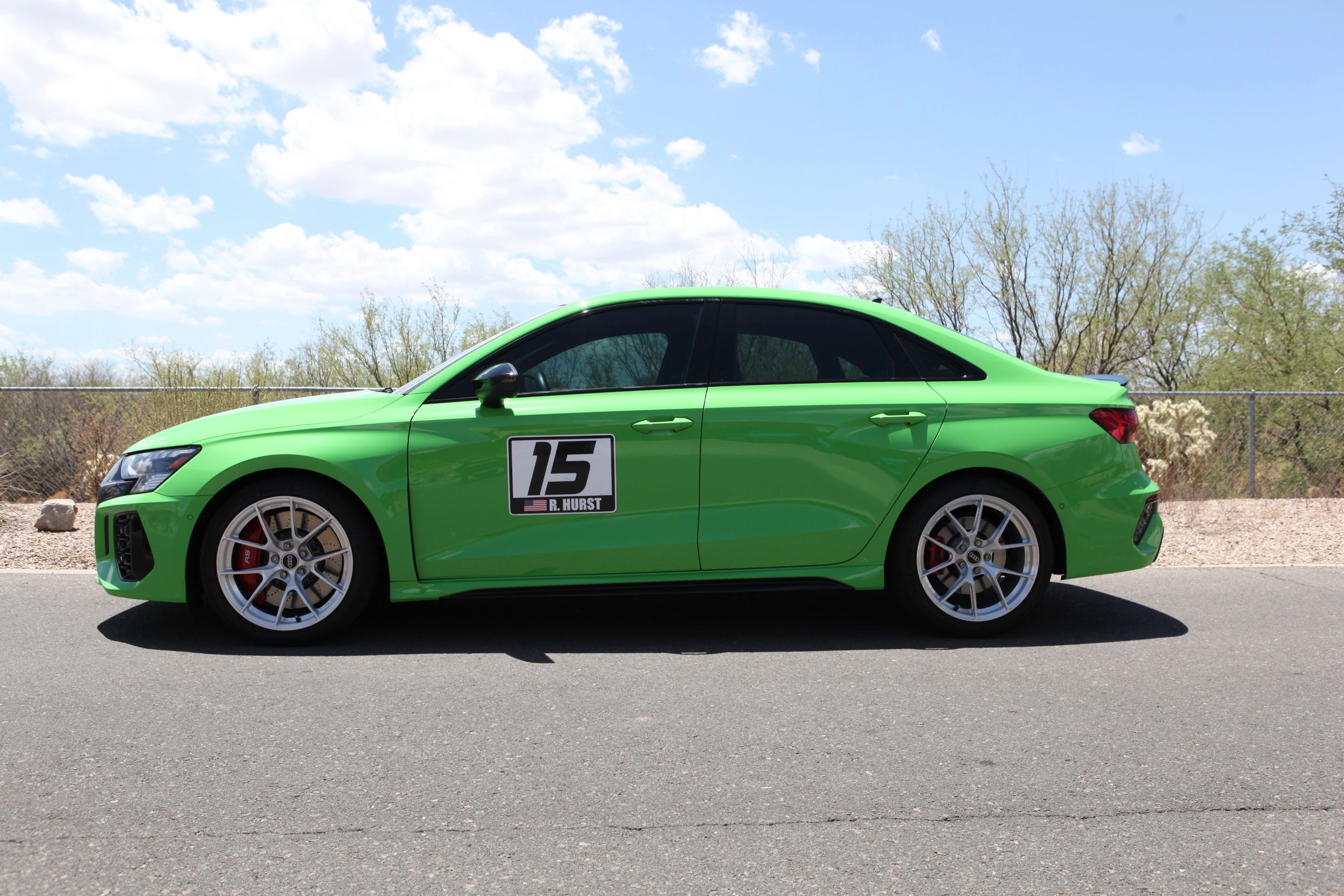 Green Audi 8Y RS 3 with 18" VS-5RS Apex wheels in Brushed Clear