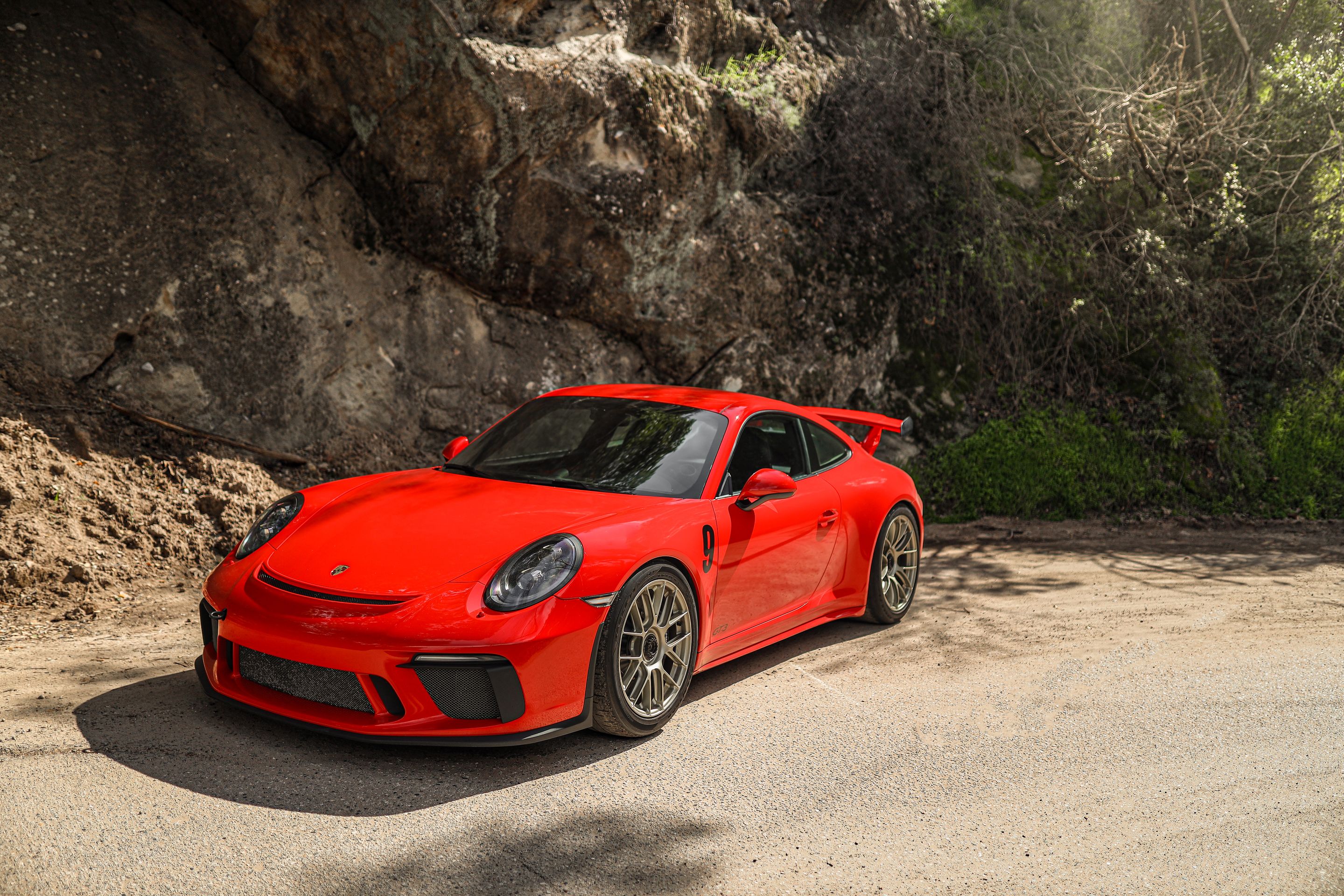 Red Porsche 911 991.2 GT3 with 19" EC-7RS Apex wheels in Motorsport Gold