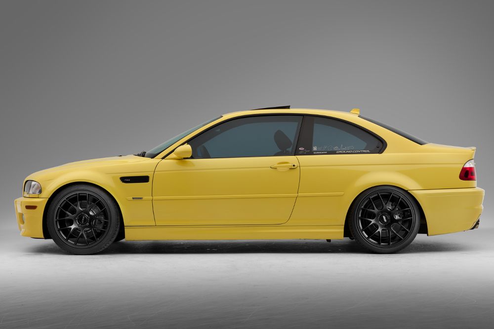 Yellow BMW E46 M3 with 19" EC-7 Apex wheels in Satin Black