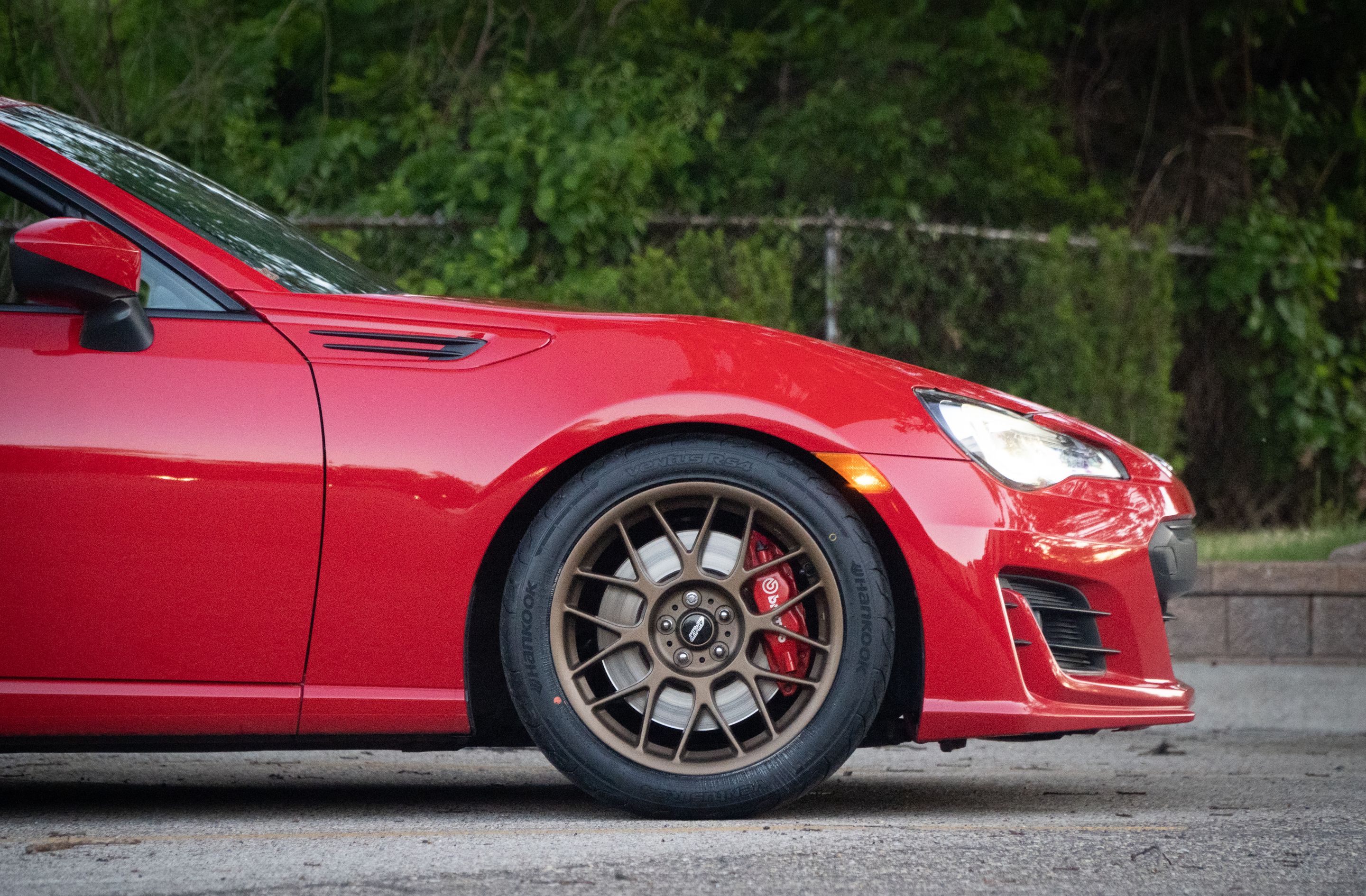 Red Subaru ZC6 / Gen 1 BRZ with 17" ARC-8 Apex wheels in Satin Bronze