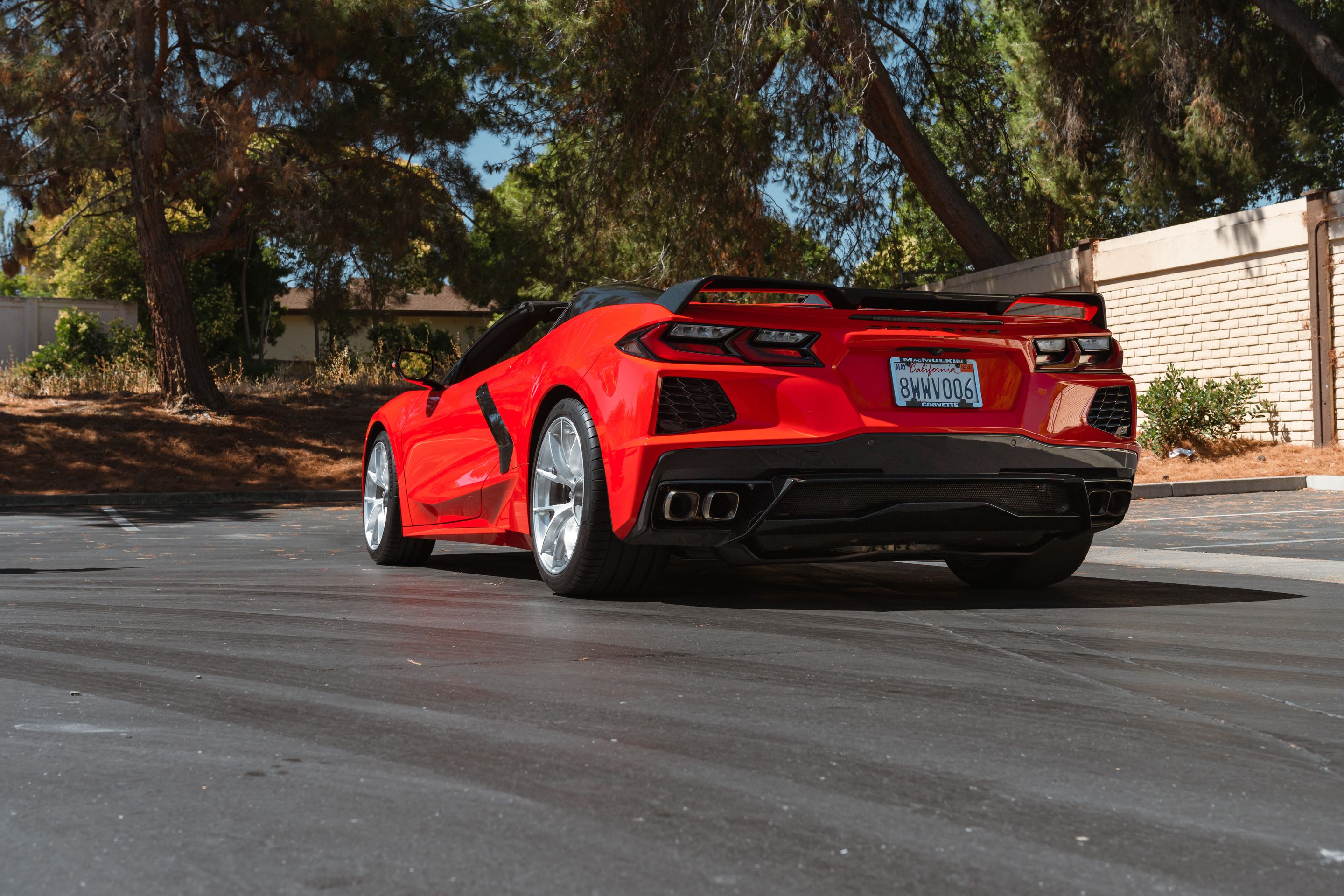 Red Chevrolet C8 Corvette Stingray/Z51 with 19" VS-5RS Apex wheels in Brushed Clear
