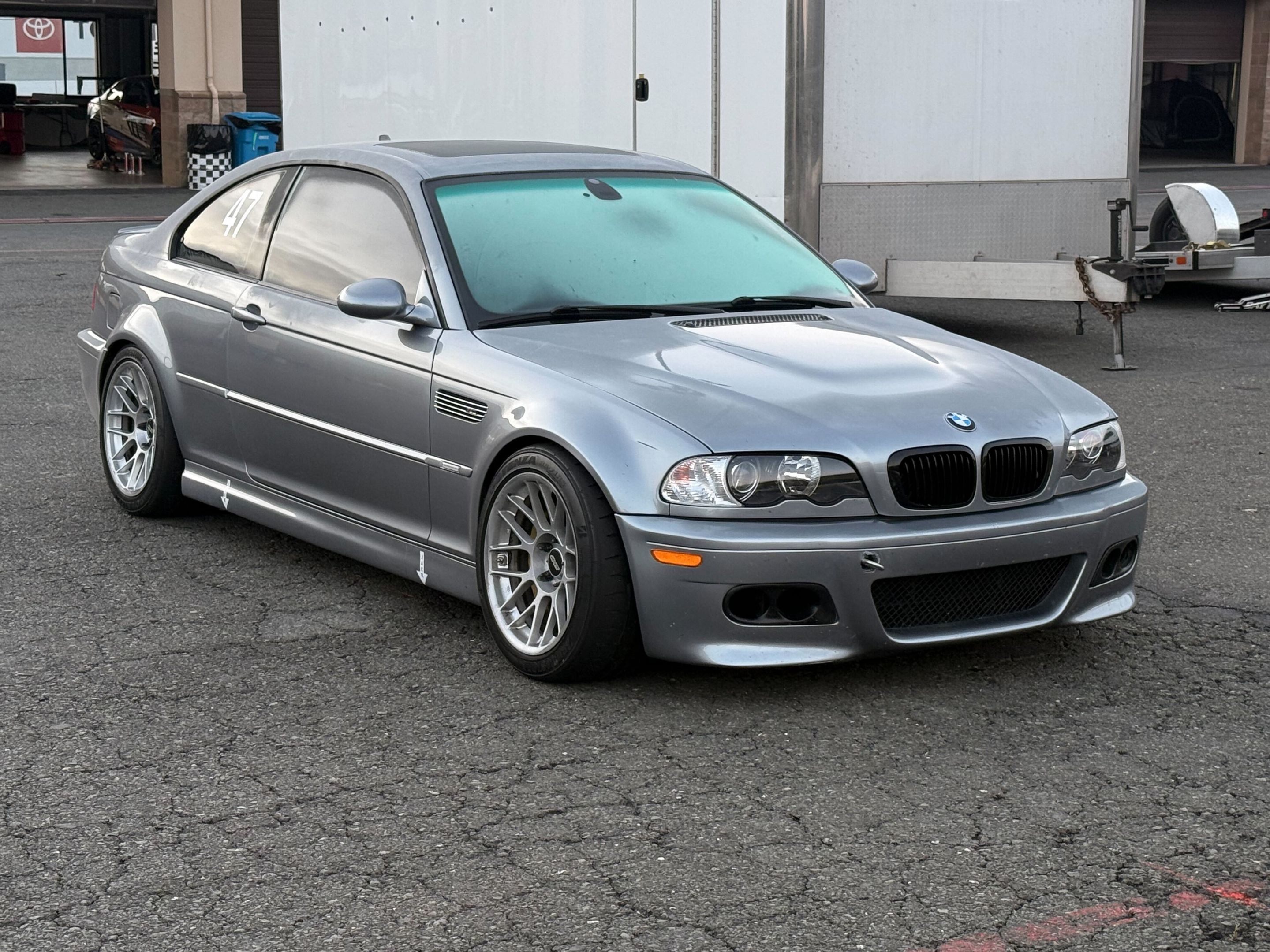 Silver BMW E46 M3 with 17" ARC-8 Apex wheels in Race Silver