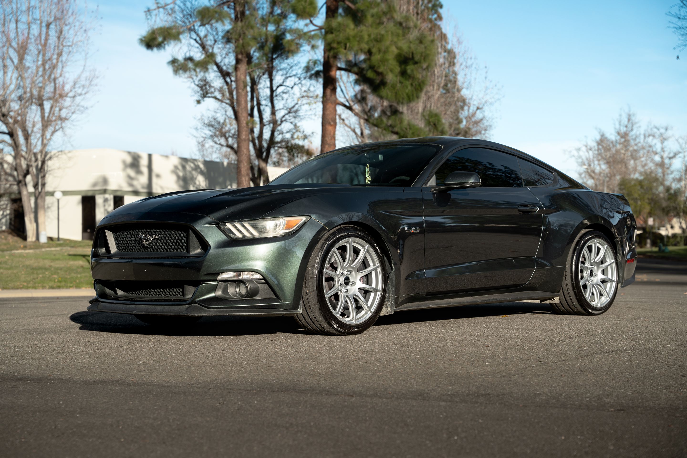 Green Ford S550 Mustang GT with 19" SM-10 Apex wheels in Race Silver