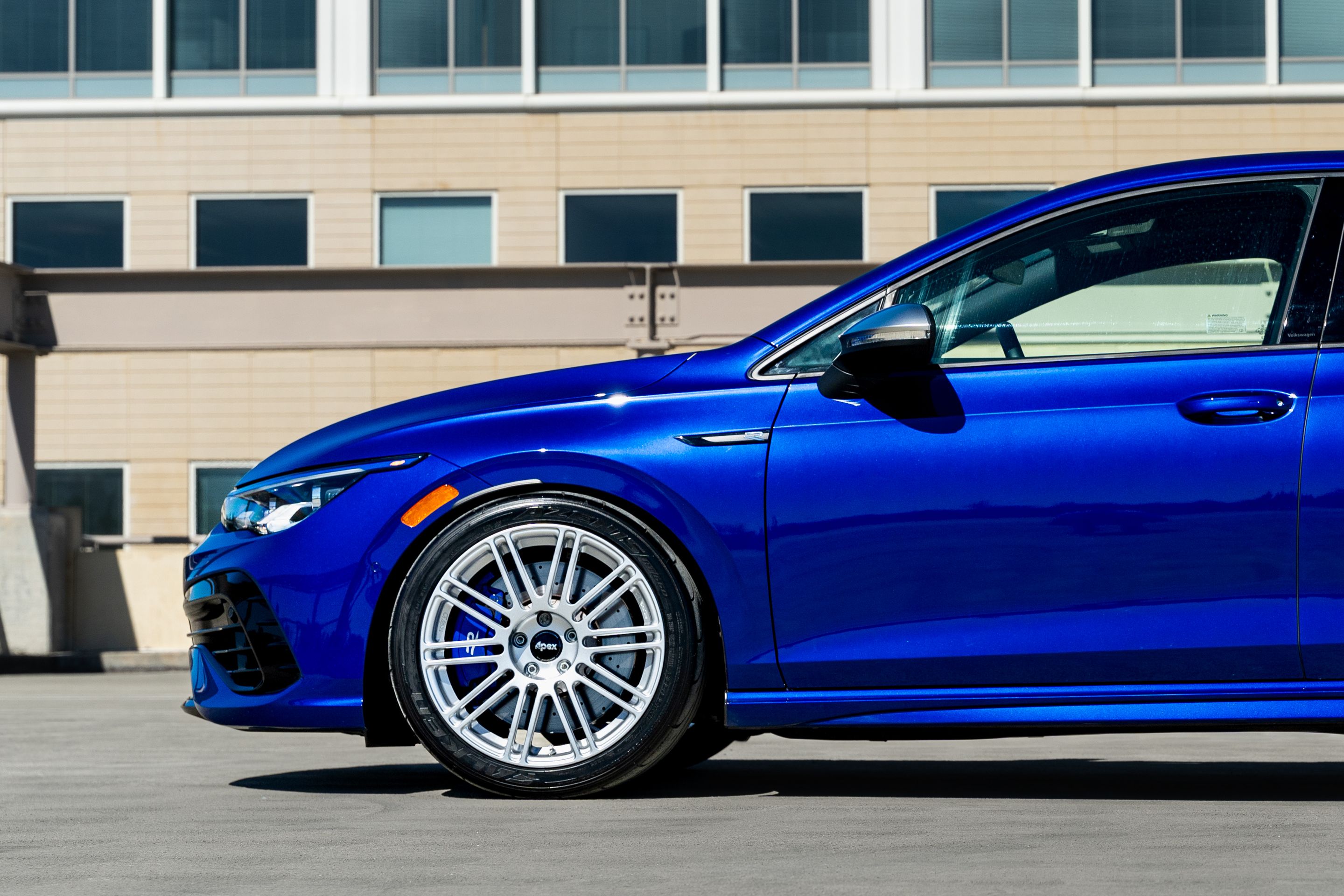 Blue VW MK8 Golf R with 18" TC-10RT Apex wheels in Race Silver