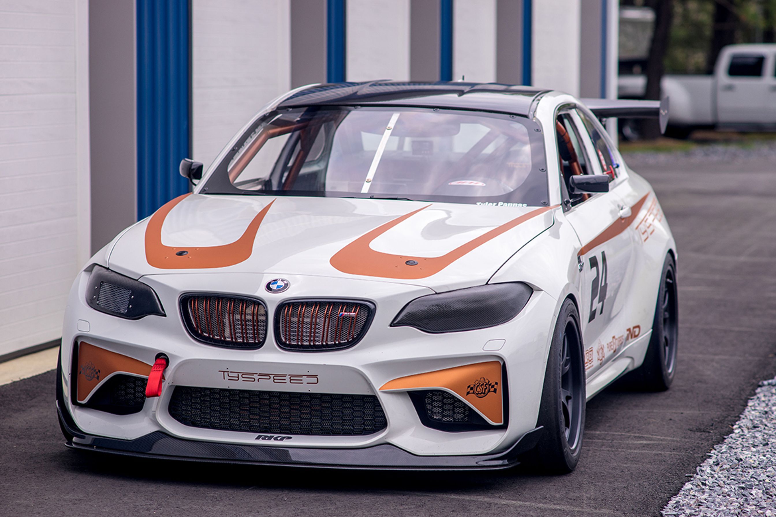 White BMW F87 M2 with 18" FL-5 Apex wheels in Satin Black