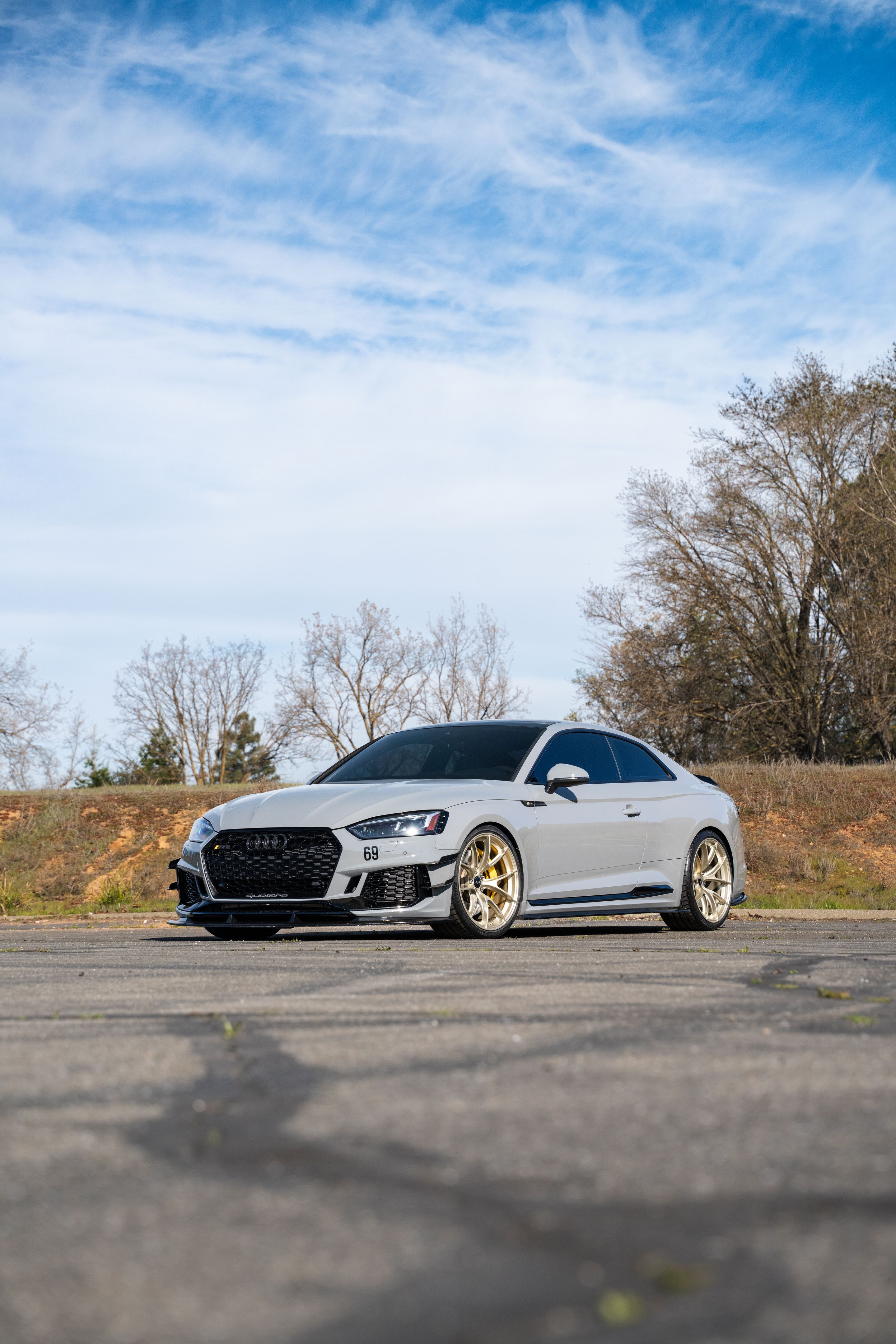 Grey Audi B9 RS 5 Coupe with 20" VS-5RS Apex wheels in Motorsport Gold