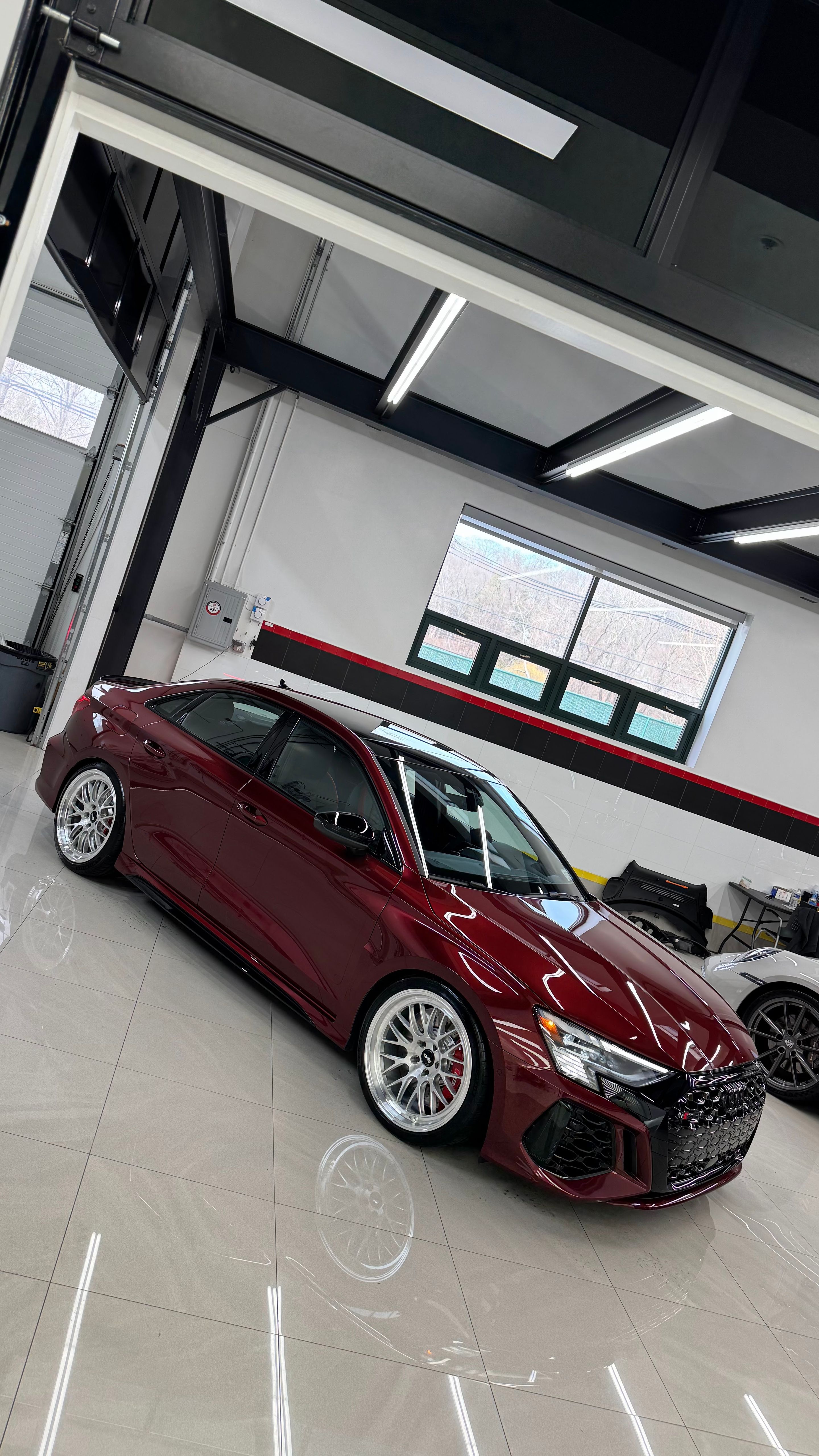 Red Audi 8Y RS 3 with 19" ML-10RT Apex wheels in Machined Lip Brushed Clear