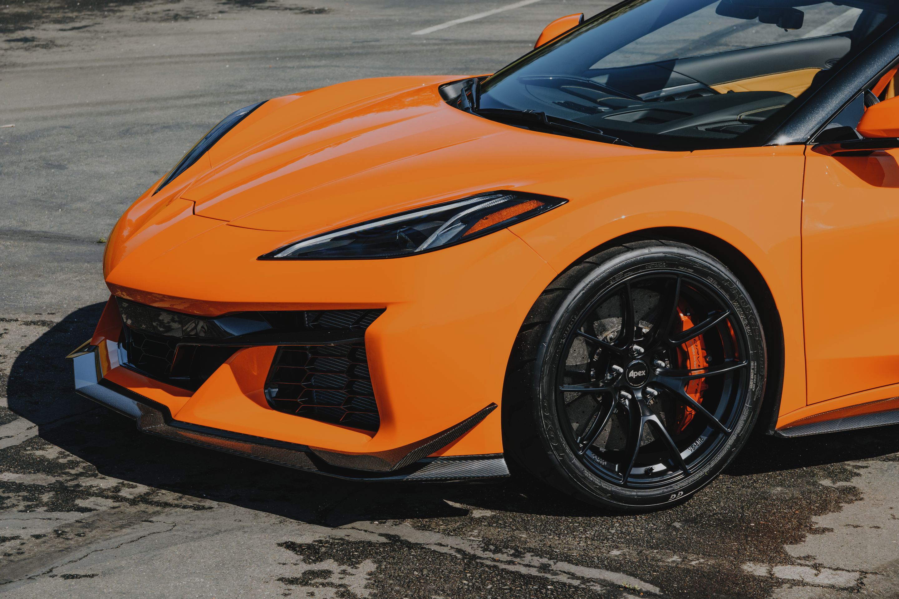 Orange Chevrolet C8 Corvette Z06 with 19" VS-5RS Apex wheels in Satin Black