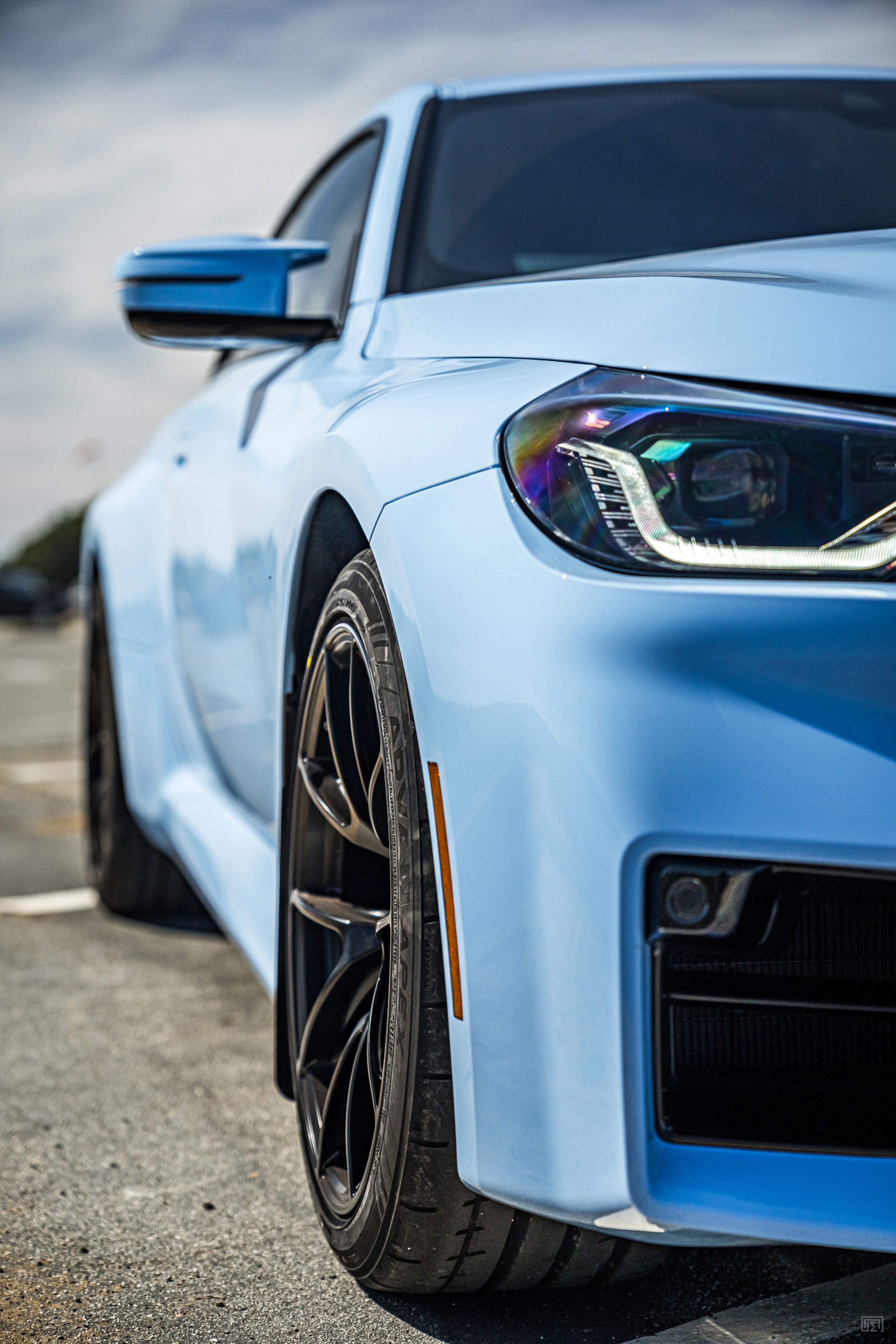 Blue BMW G87 M2 with 19" VS-5RS Apex wheels in Satin Black