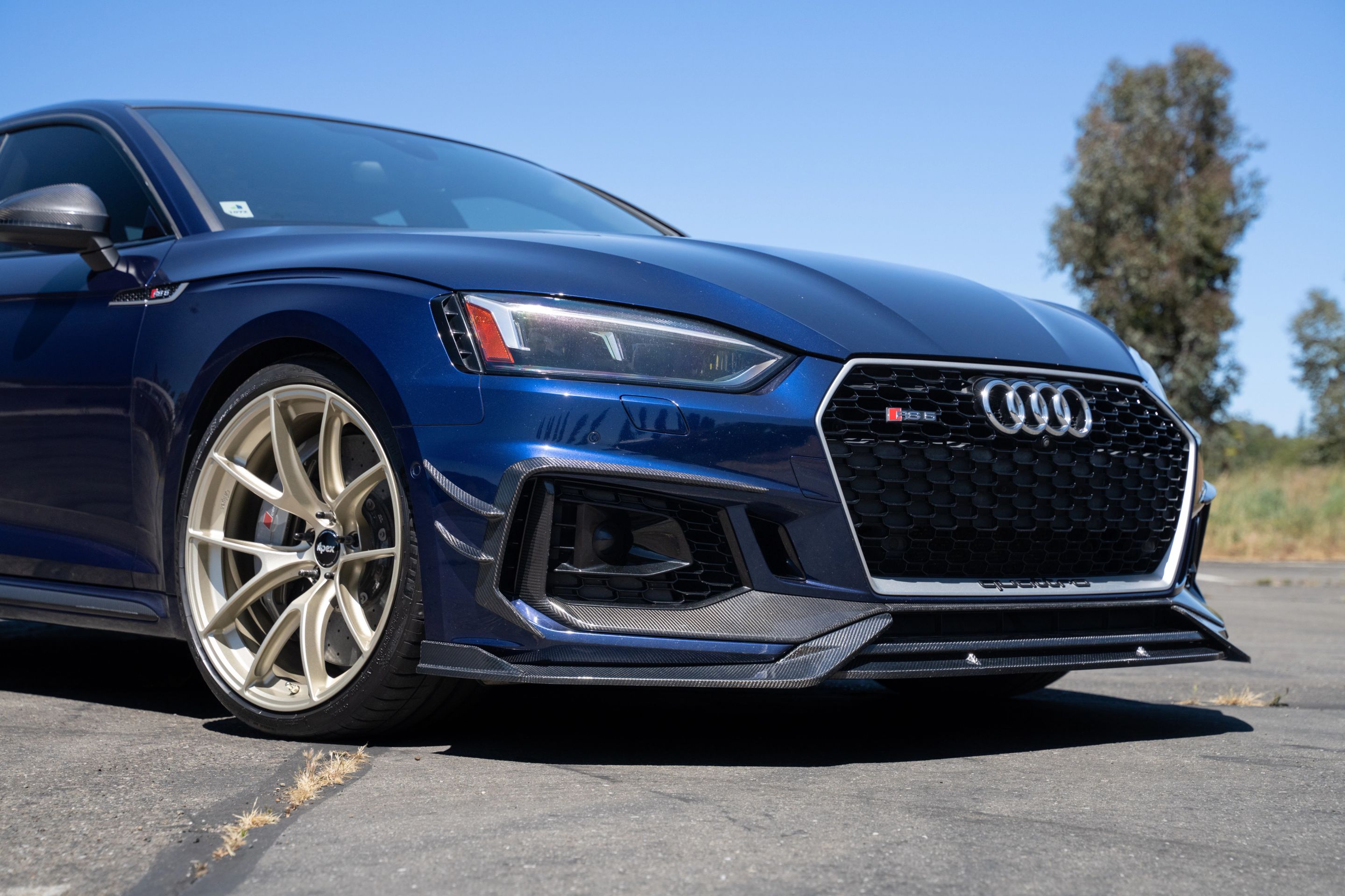 Blue Audi B9 RS 5 Sportback with 20" VS-5RS Apex wheels in Motorsport Gold