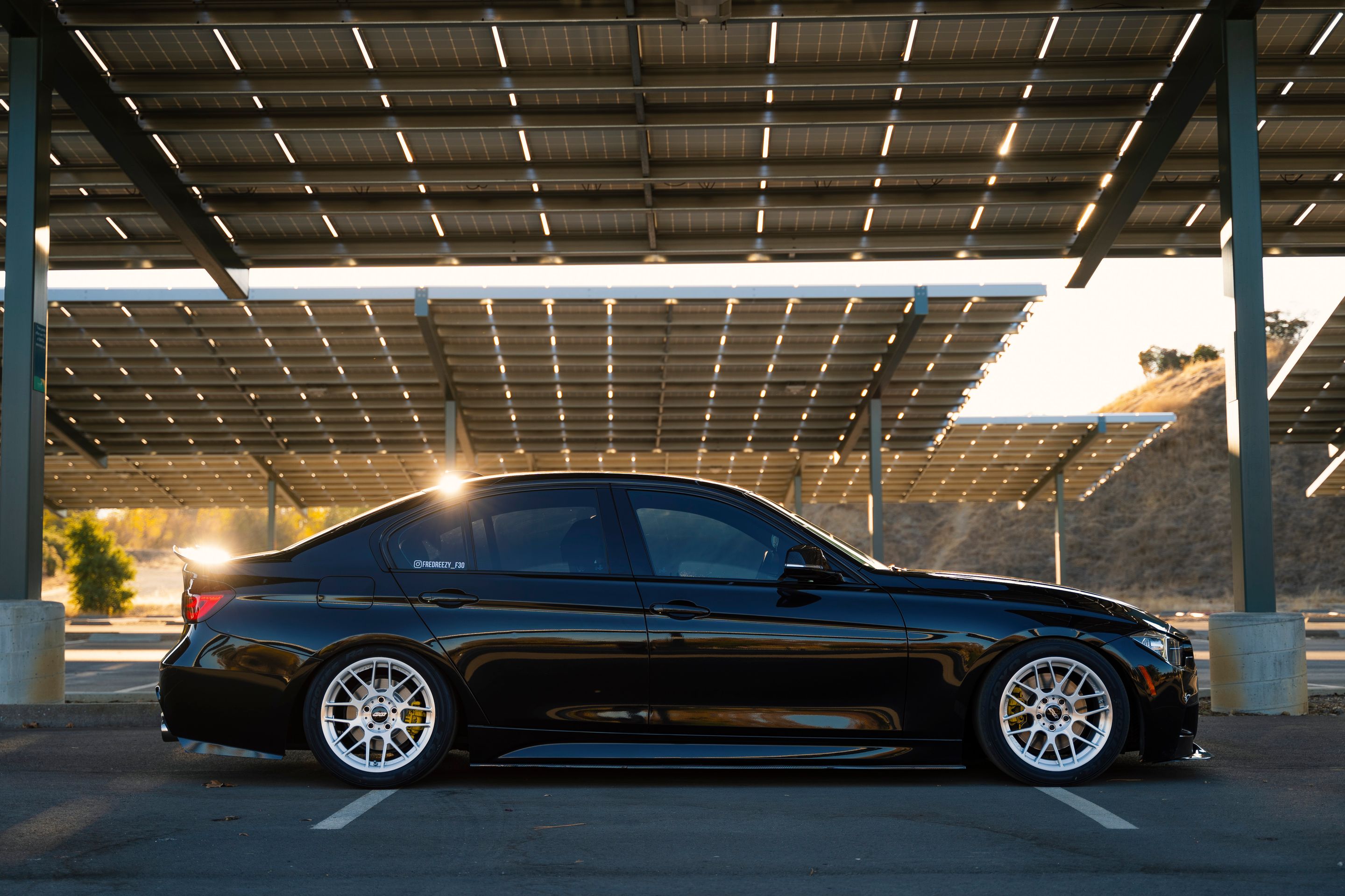 Black BMW F30 Sedan 3 Series with 17" ARC-8R Apex wheels in Brushed Clear