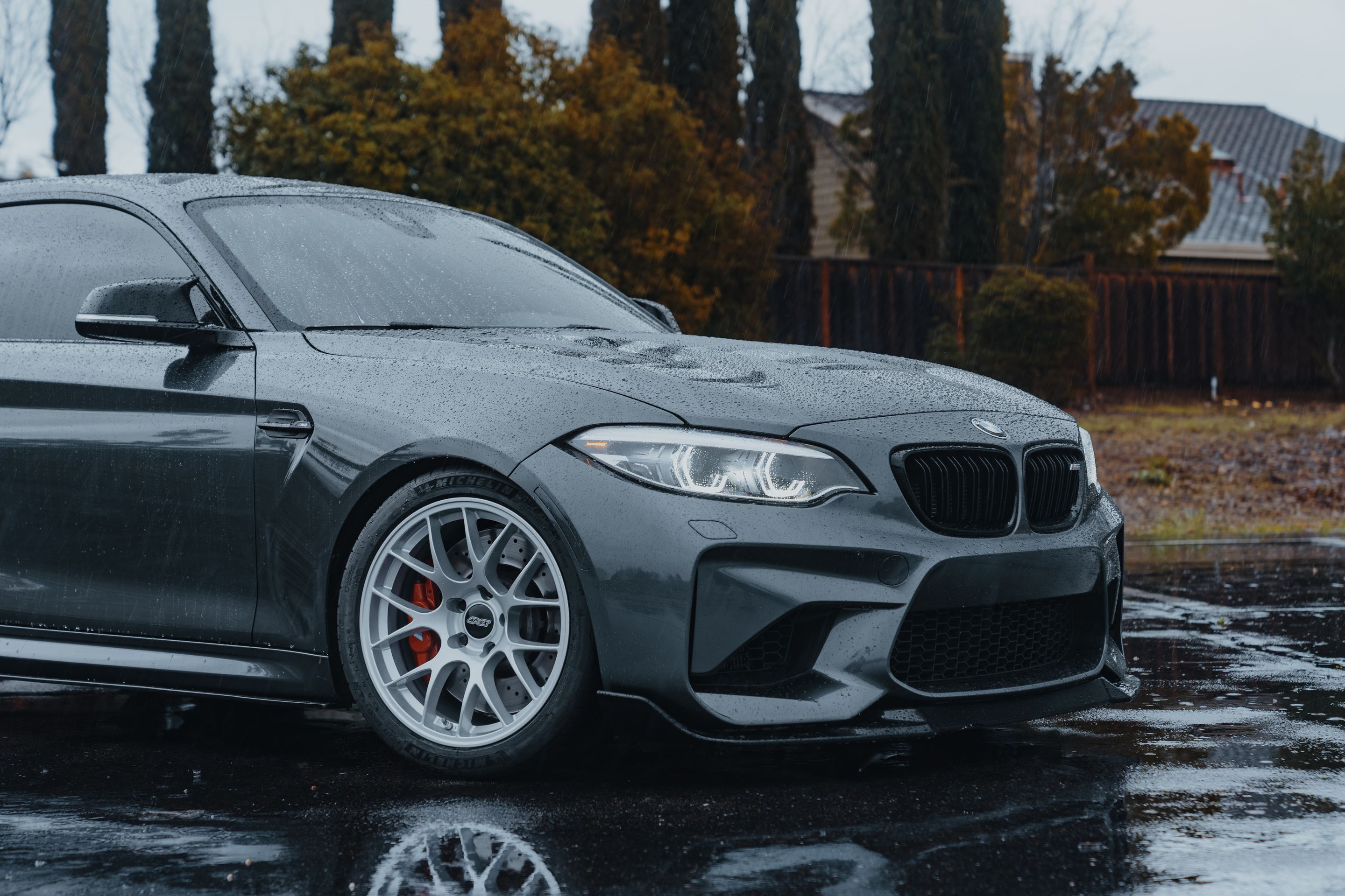 Grey BMW F87 M2 with 18" EC-7 Apex wheels in Race Silver