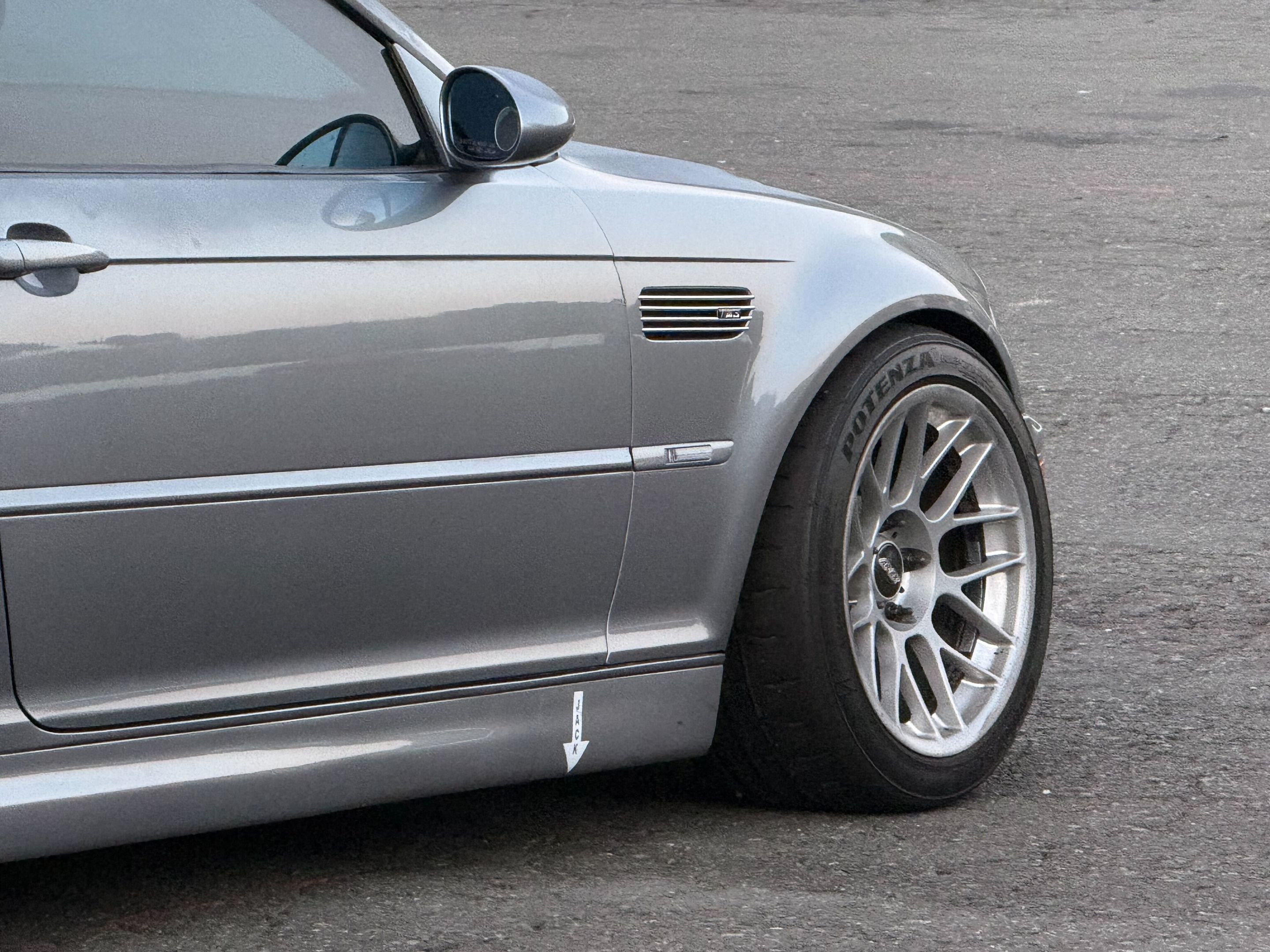 Silver BMW E46 M3 with 17" ARC-8 Apex wheels in Race Silver