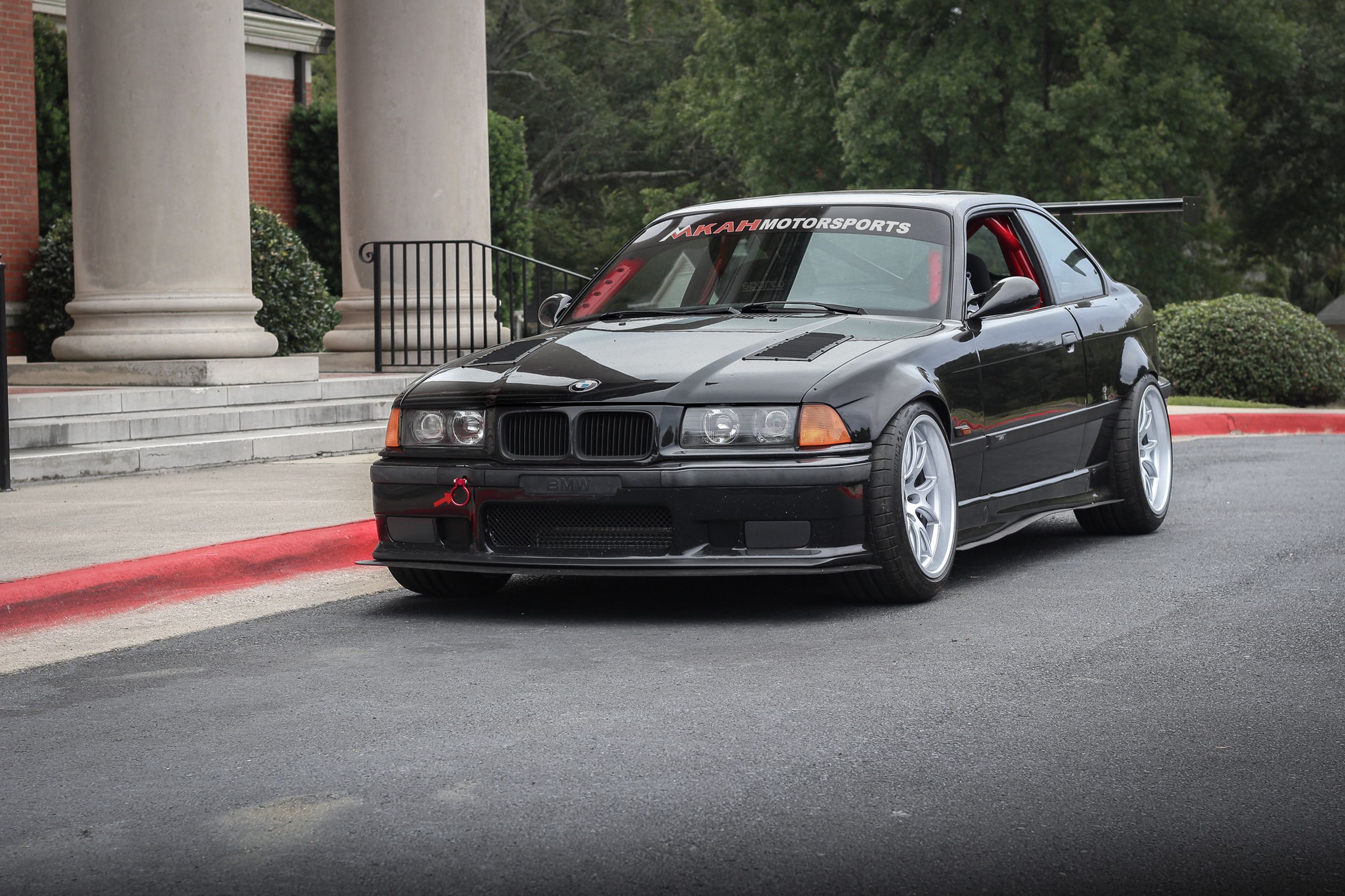 Black BMW E36 M3 with 18" FL-5 Apex wheels in Race Silver