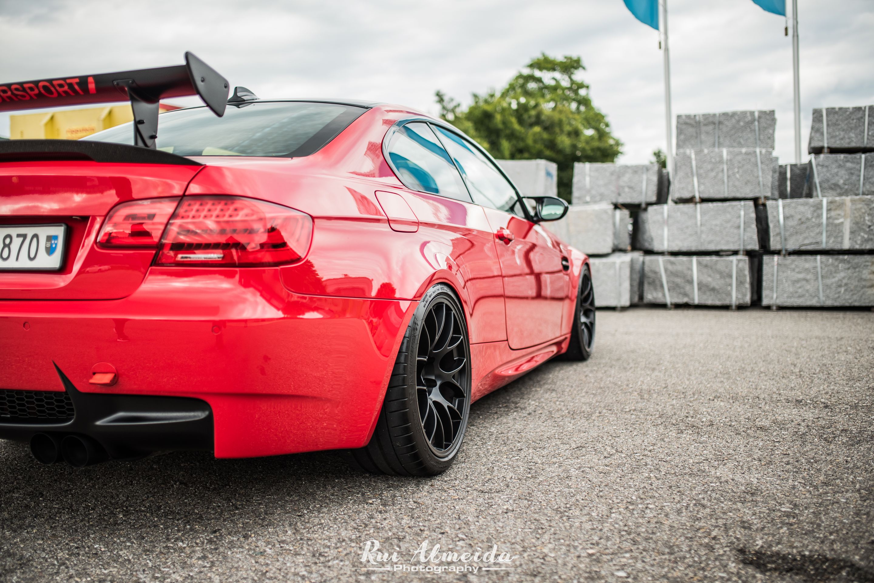 Red BMW E92 Coupe M3 with 19" EC-7 Apex wheels in Satin Black