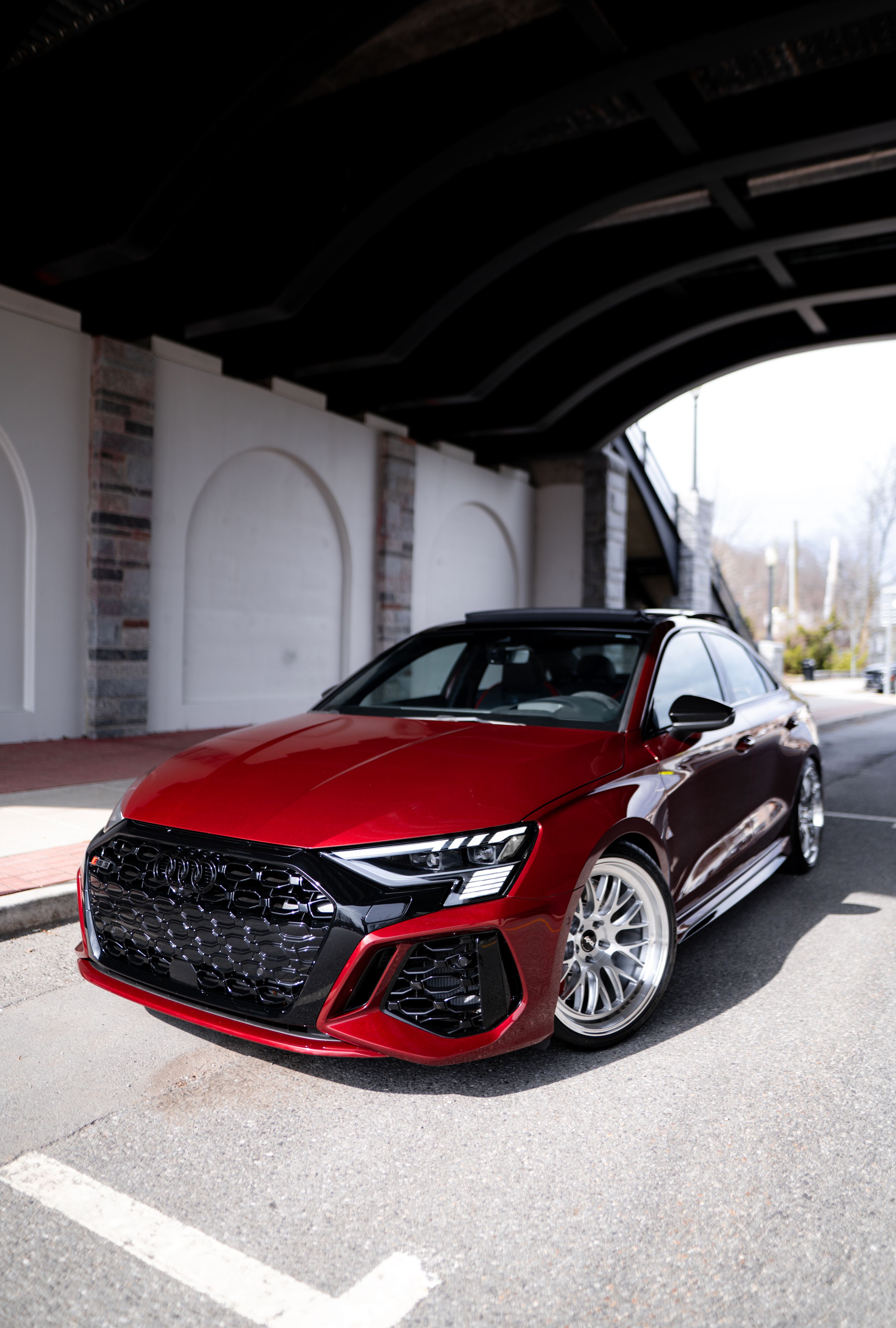 Red Audi 8Y RS 3 with 19" ML-10RT Apex wheels in Machined Lip Brushed Clear