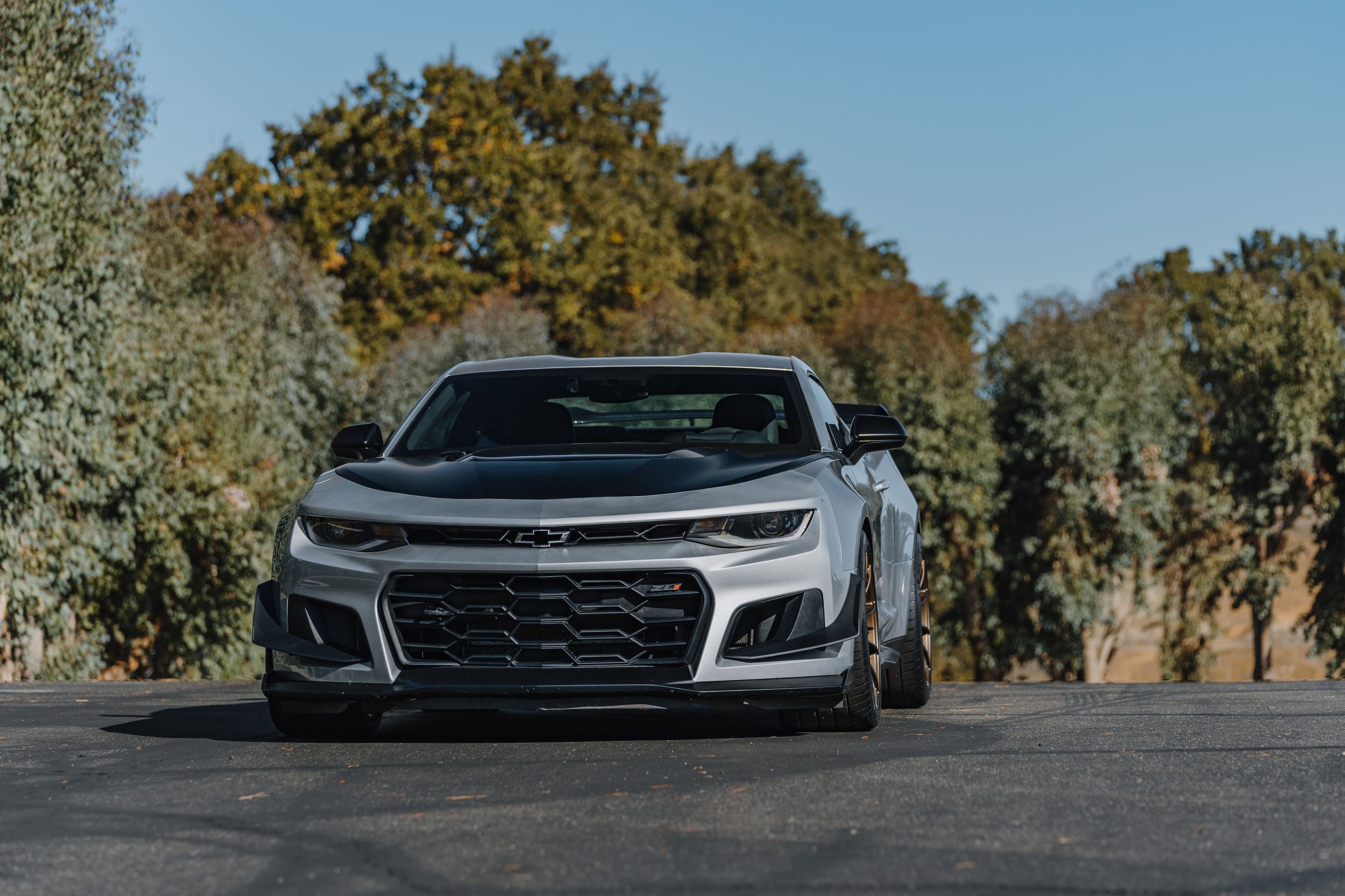 Silver Chevrolet 6th Gen Camaro ZL1 1LE with 19" SM-10RS Apex wheels in Satin Bronze