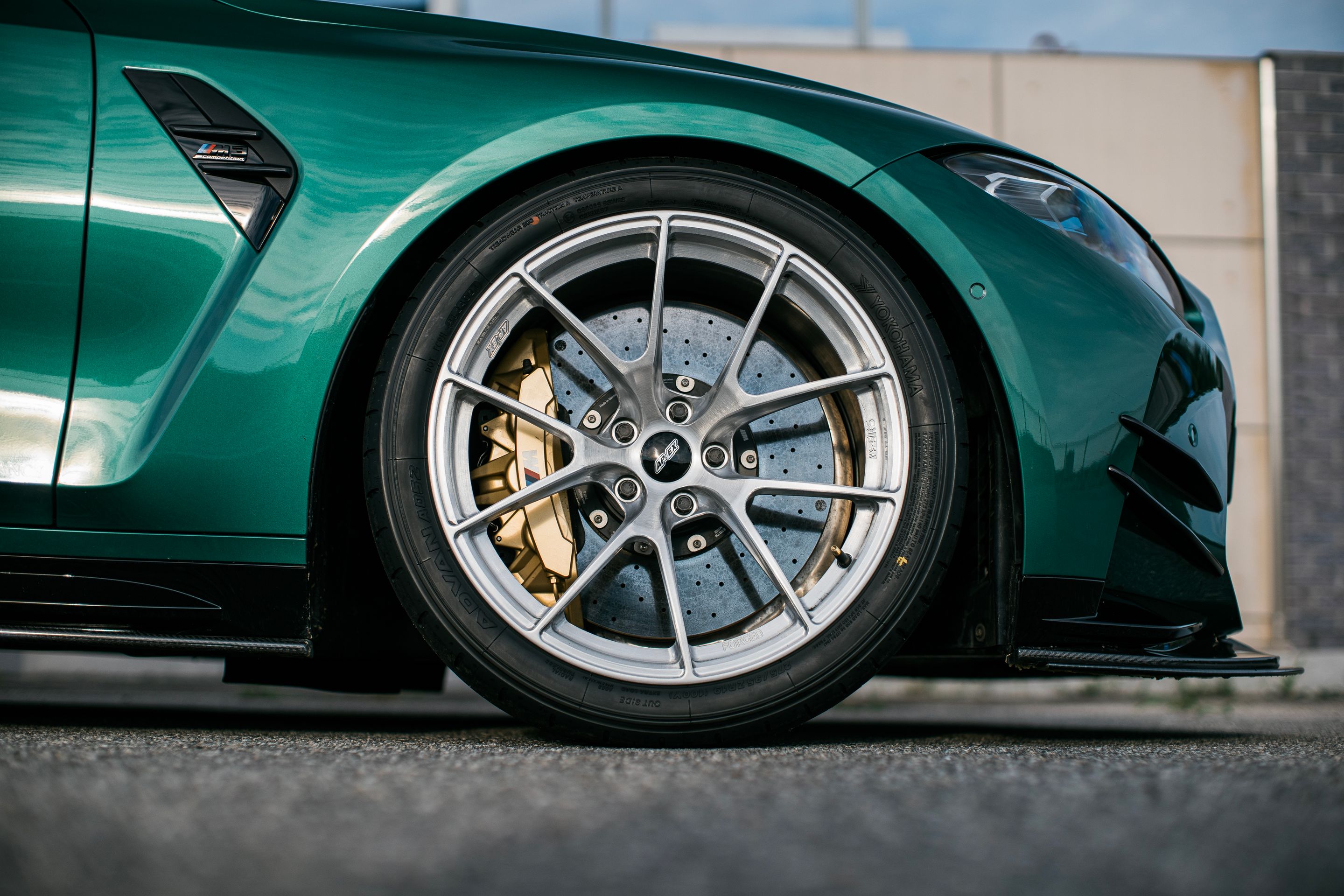 Green BMW G80 M3 with 19" VS-5RS Apex wheels in Brushed Clear