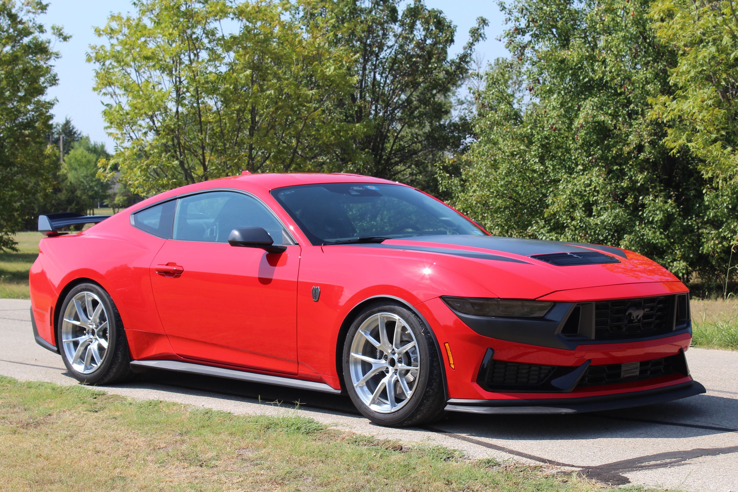 Red Ford S650 Mustang Dark Horse with 19" VS-5RS Apex wheels in Brushed Clear