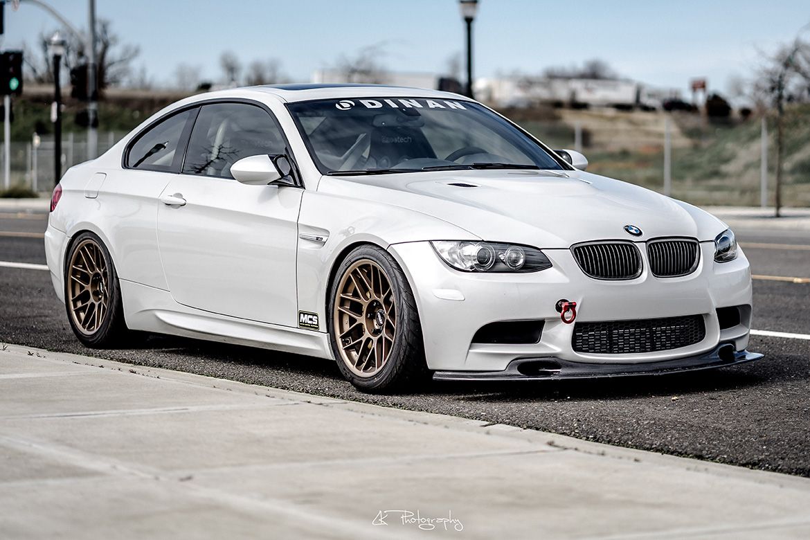 White BMW E92 Coupe M3 with 18" ARC-8 Apex wheels in Satin Bronze