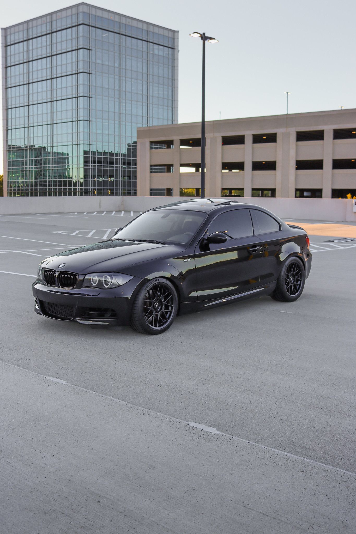 Black BMW E82 Coupe 1 Series with 18" ARC-8 Apex wheels in Satin Black