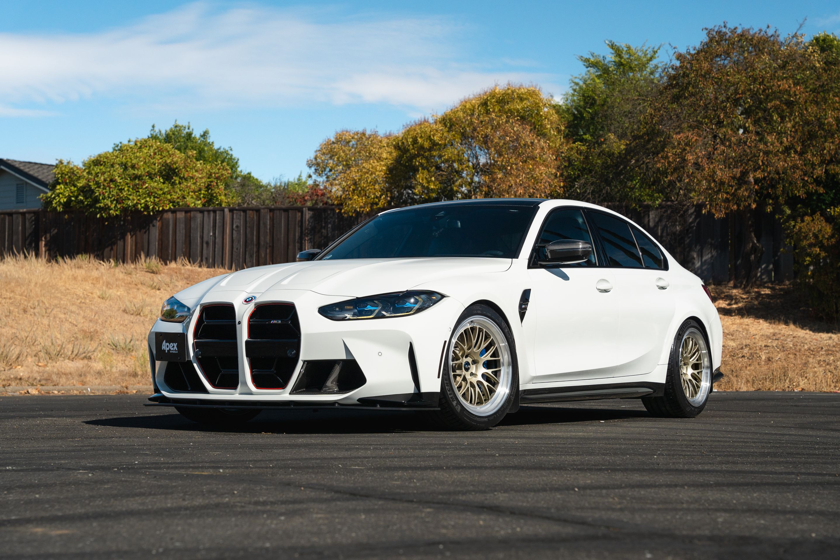 White BMW G80 M3 with 19" ML-10RT Apex wheels in Machined Lip Gloss Motorsport Gold