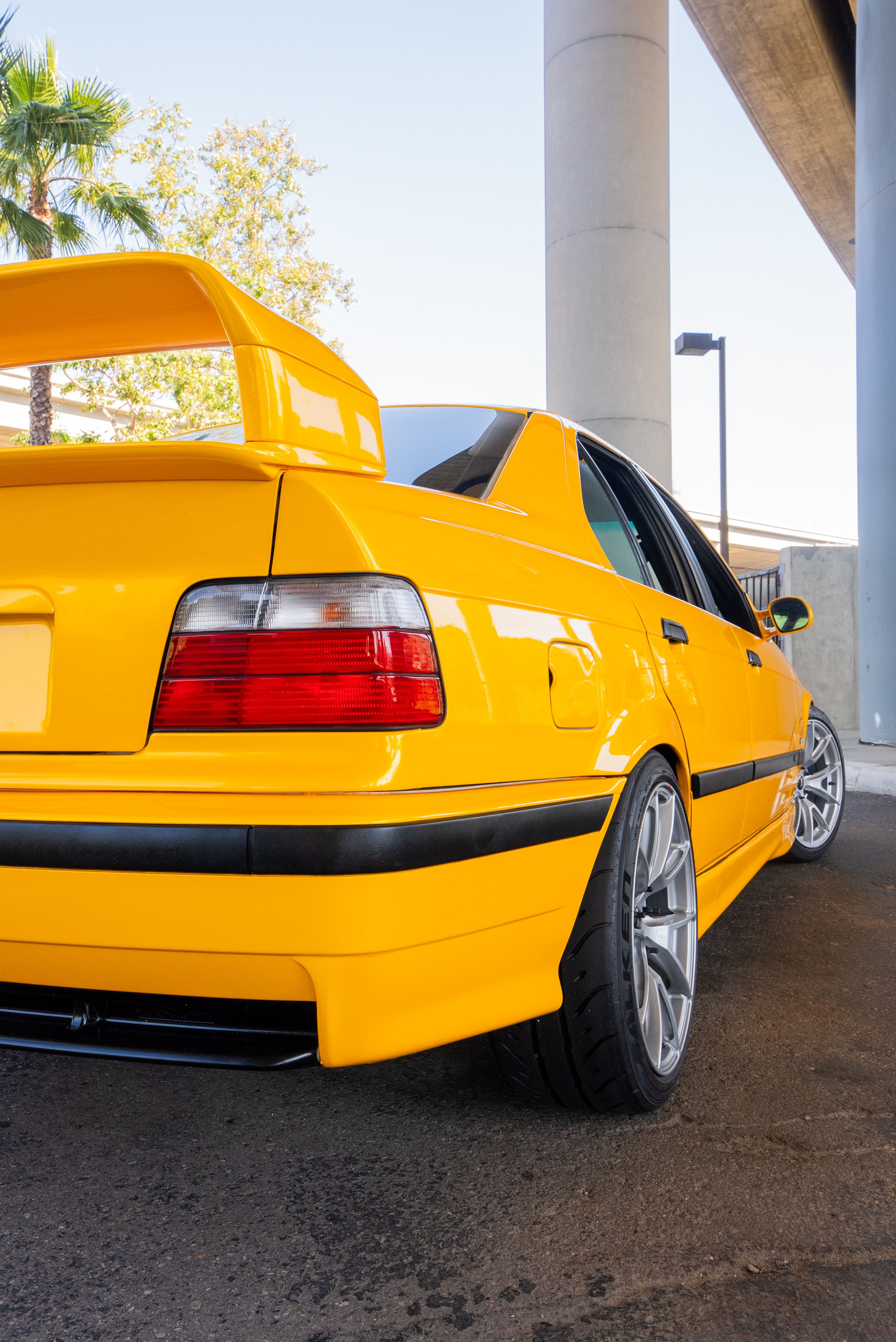 Yellow BMW E36 M3 with 18" VS-5 Apex wheels in Race Silver