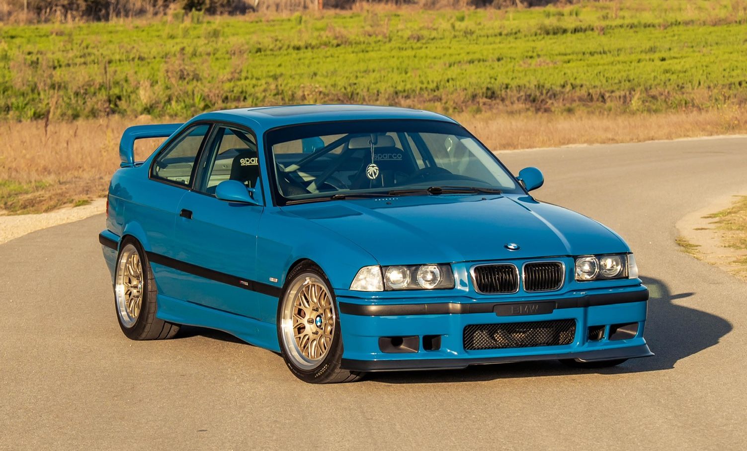 Blue BMW E36 M3 with 17" ML-10RT Apex wheels in Machined Lip Gloss Motorsport Gold