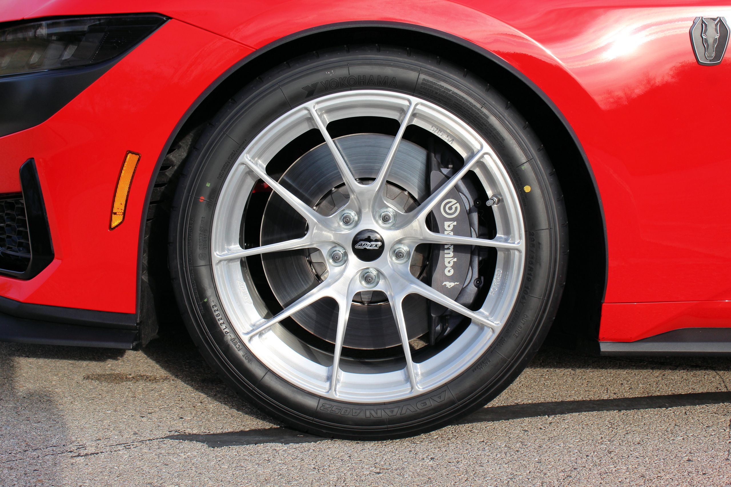 Red Ford S650 Mustang Dark Horse with 19" VS-5RS Apex wheels in Brushed Clear