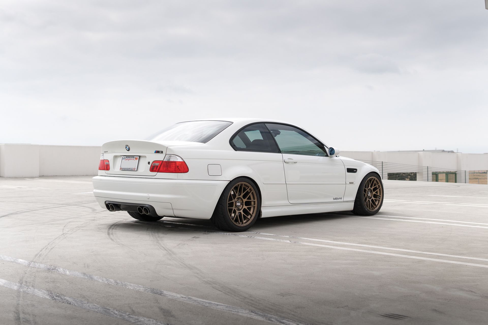 White BMW E46 M3 with 18" ARC-8 Apex wheels in Satin Bronze